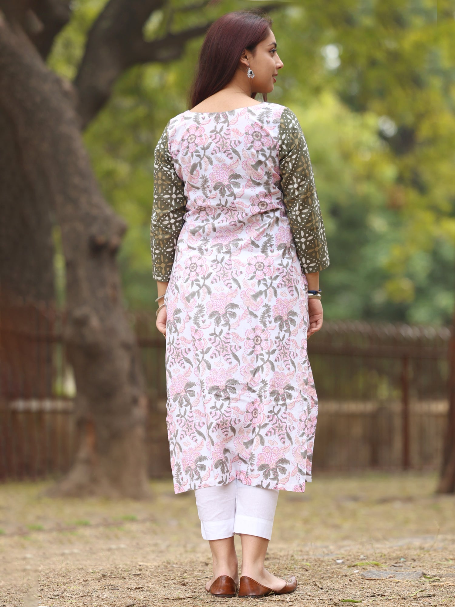 White and Pink Handblock Printed Long Kurta