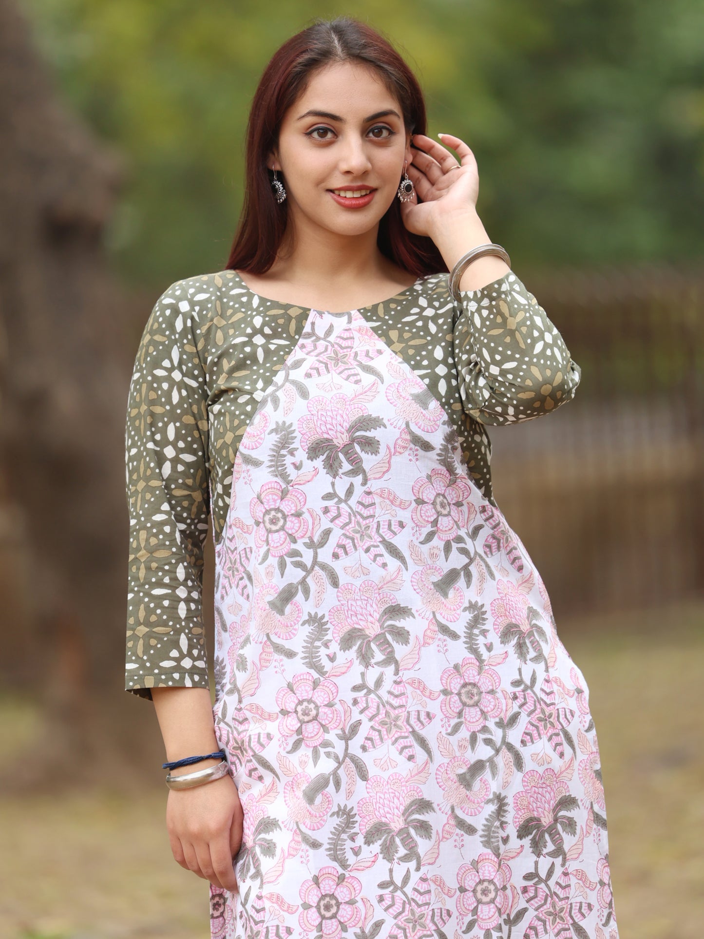 White and Pink Handblock Printed Long Kurta