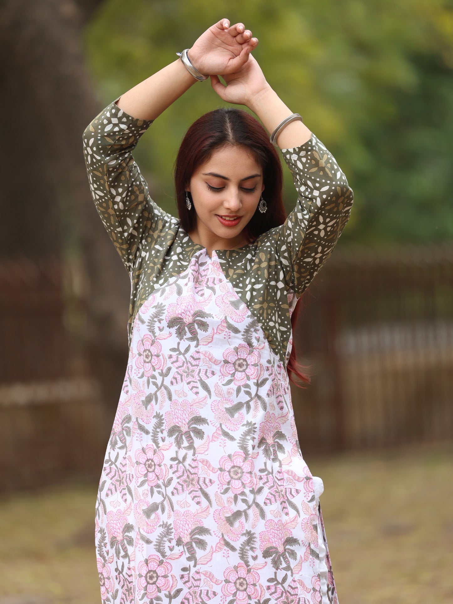 White and Pink Handblock Printed Long Kurta