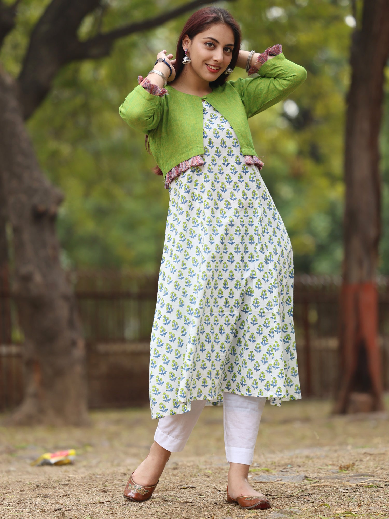 White Handblock Printed Long Kurta with green cropped jacket