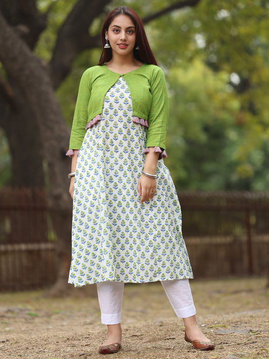 White Handblock Printed Long Kurta with green cropped jacket