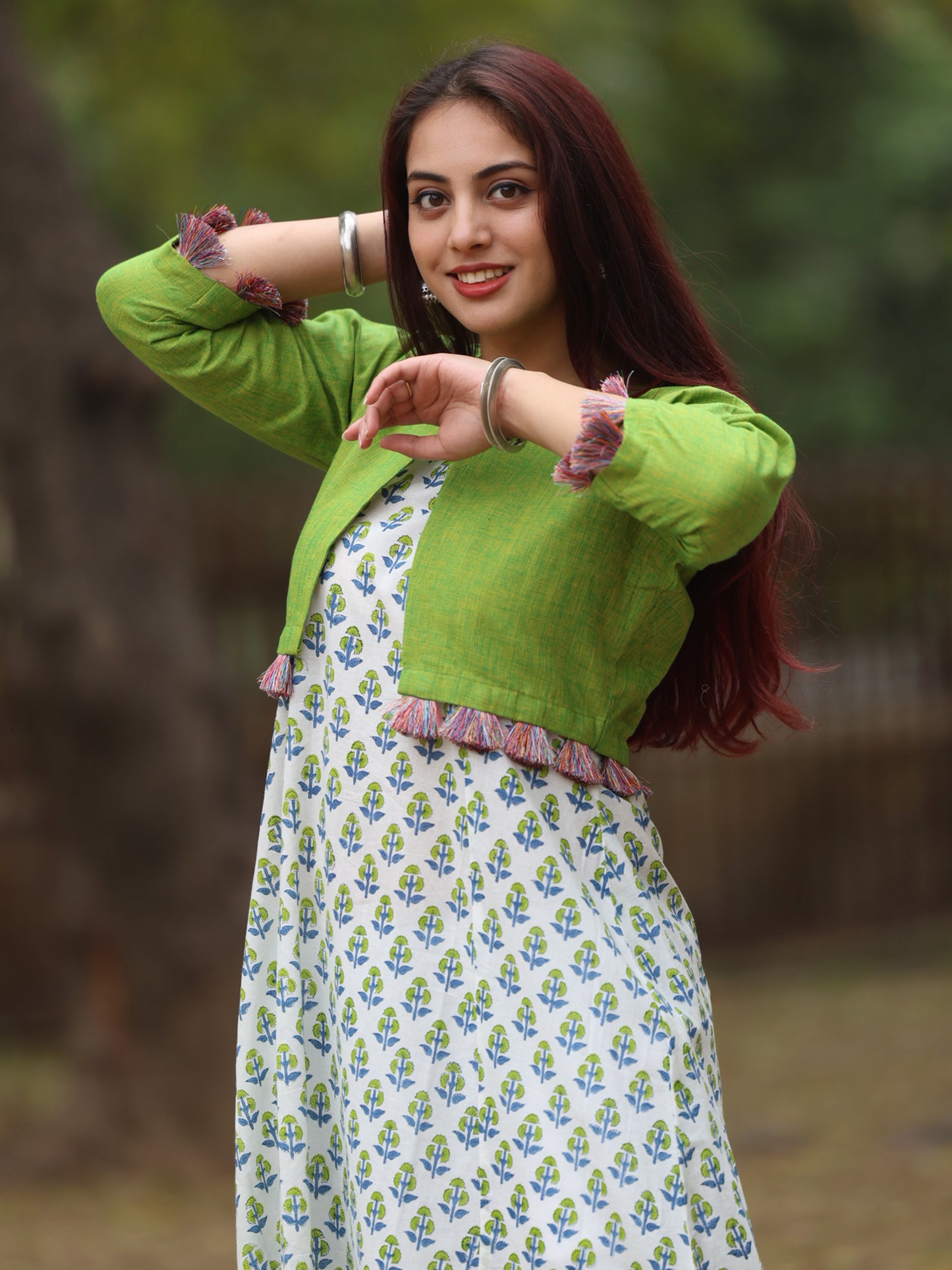 White Handblock Printed Long Kurta with green cropped jacket