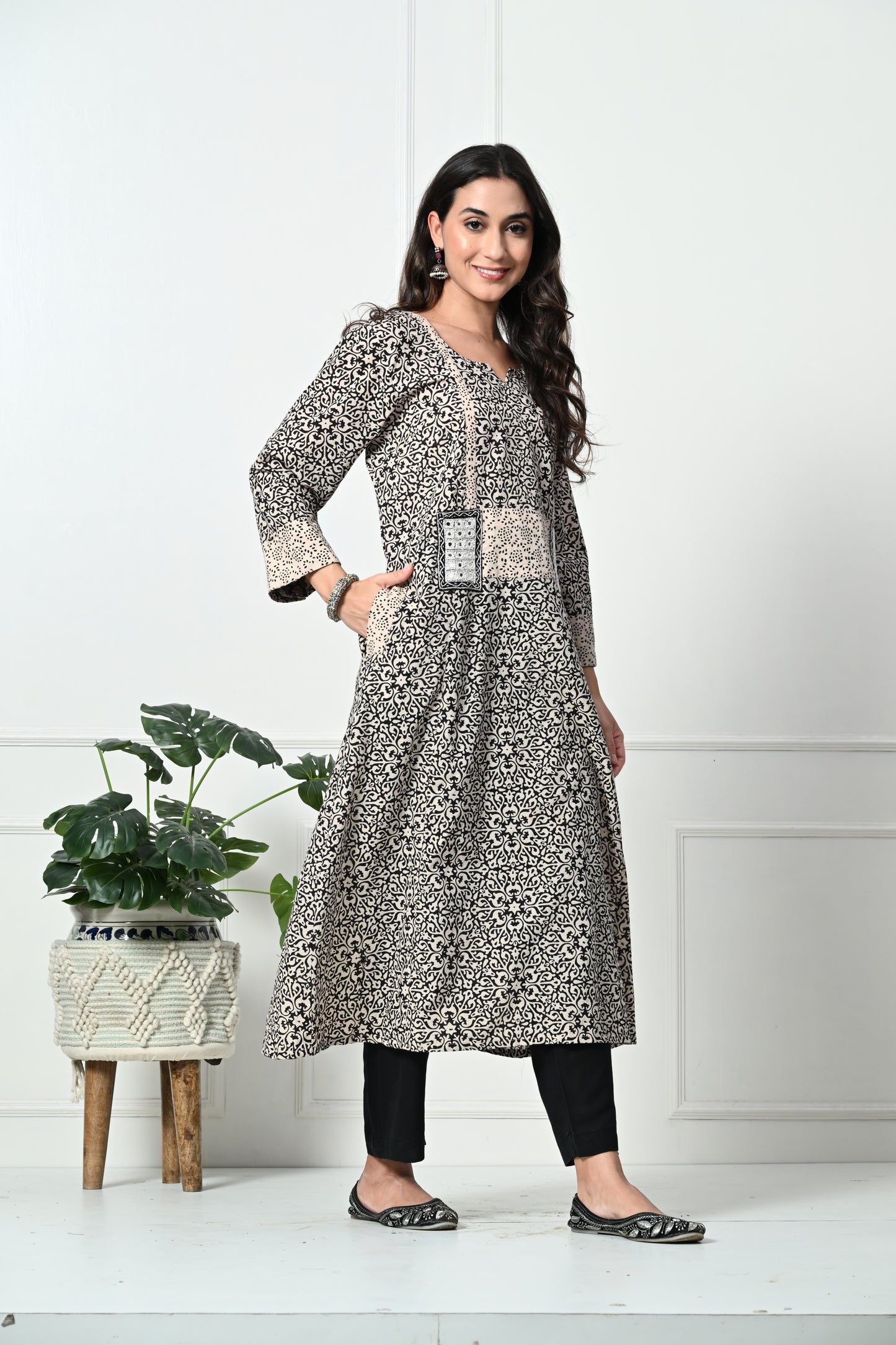 Black and White Ajrakh Hand Block Printed Long Kurta with Pocket