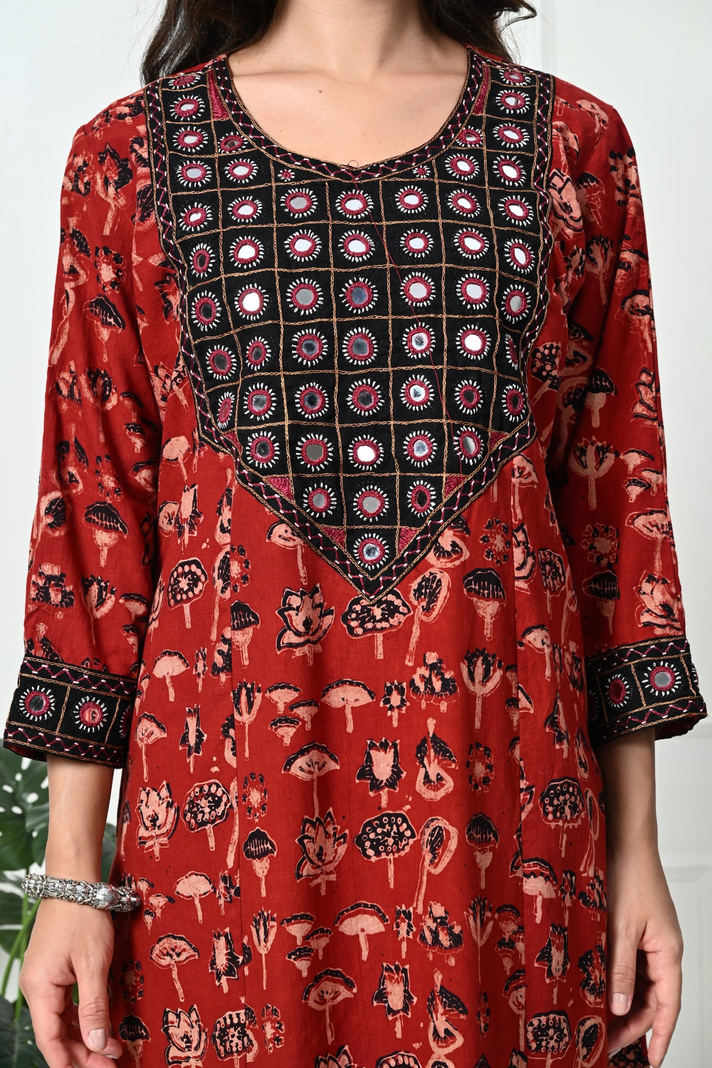 Maroon Ajrakh Handblock Printed Long Kurta with Kutch Hand embroidery work detail