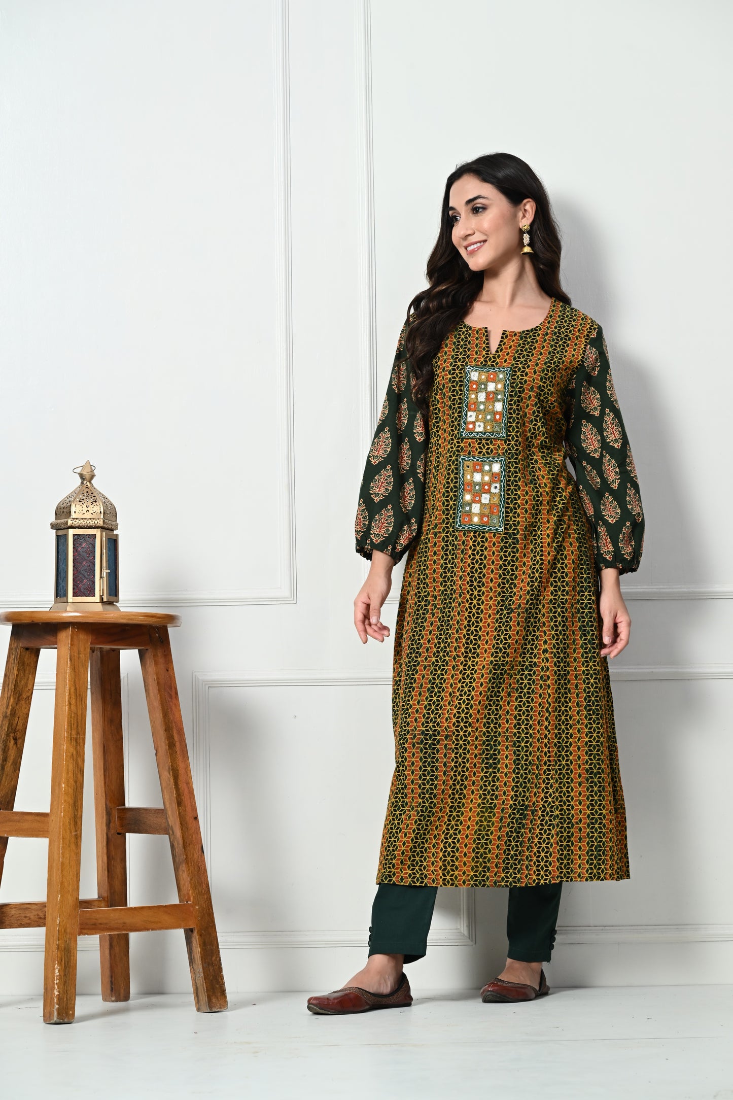 Mustard and Green Ajrakh Hand Block Printed Kurta with Kutch Hand Emroidery patch