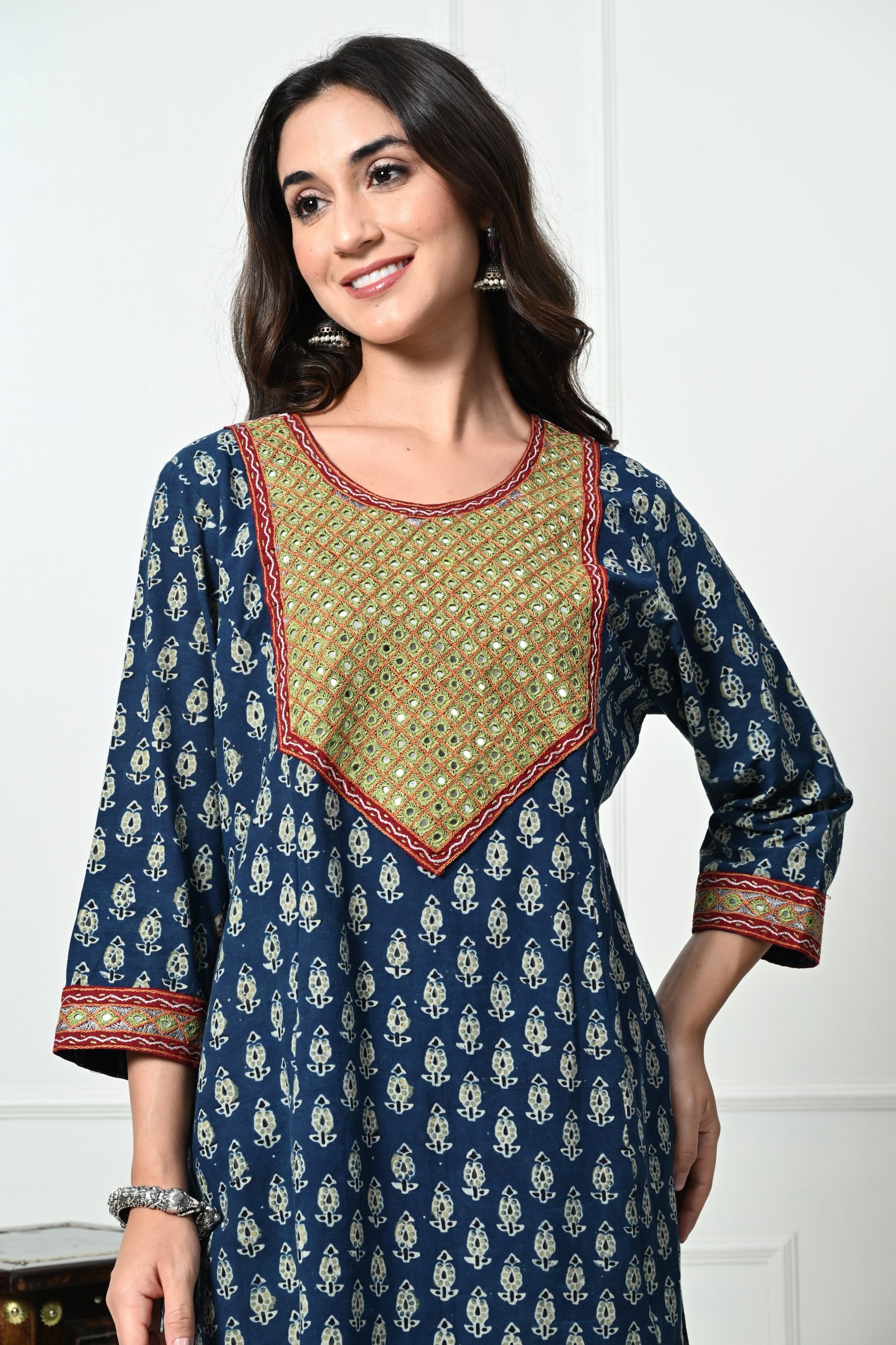 Blue Ajrakh Hand Block Printed Long Kurta with Pocket