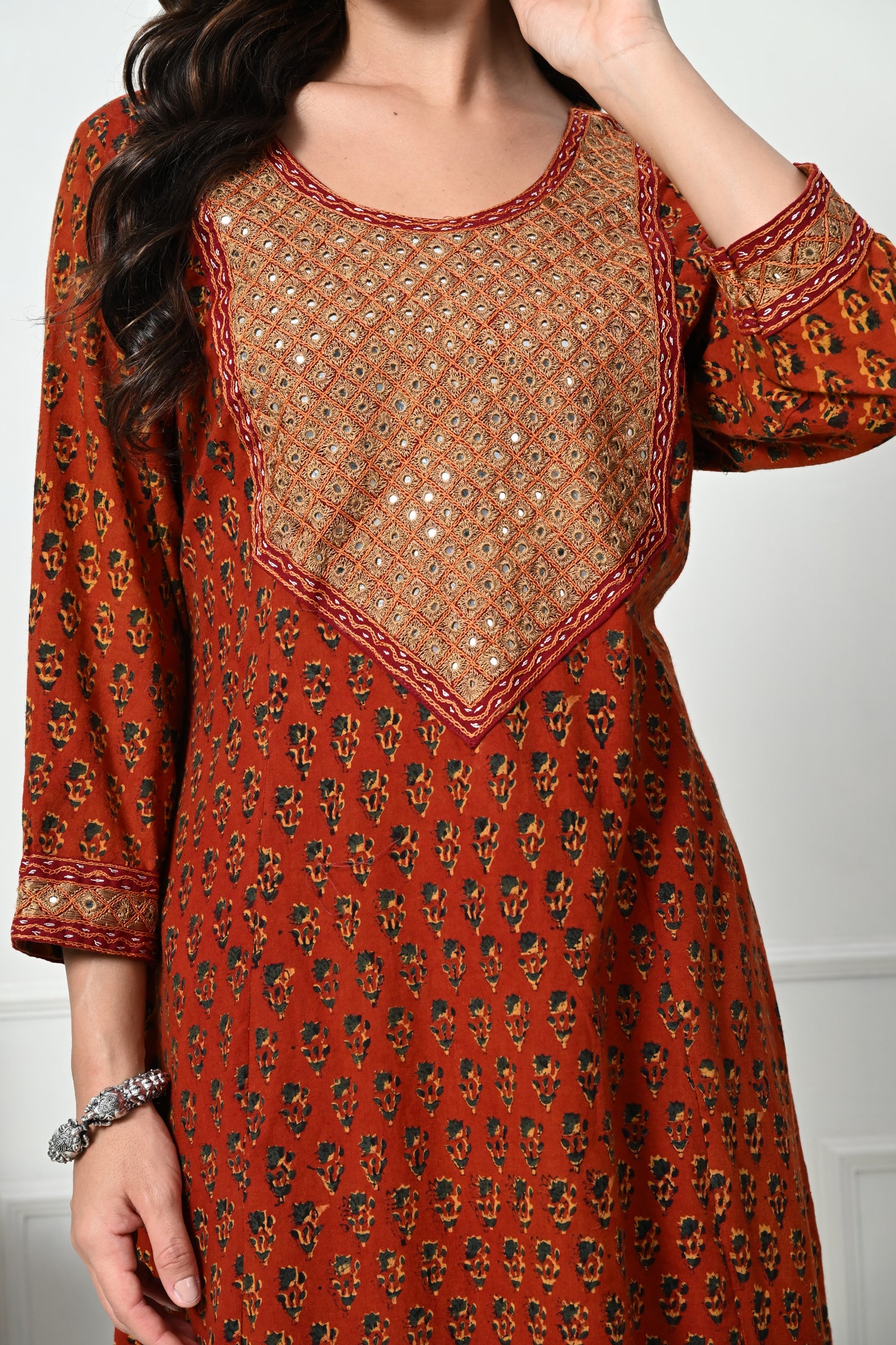 Maroon Ajrakh Hand Block Printed Long Kurta