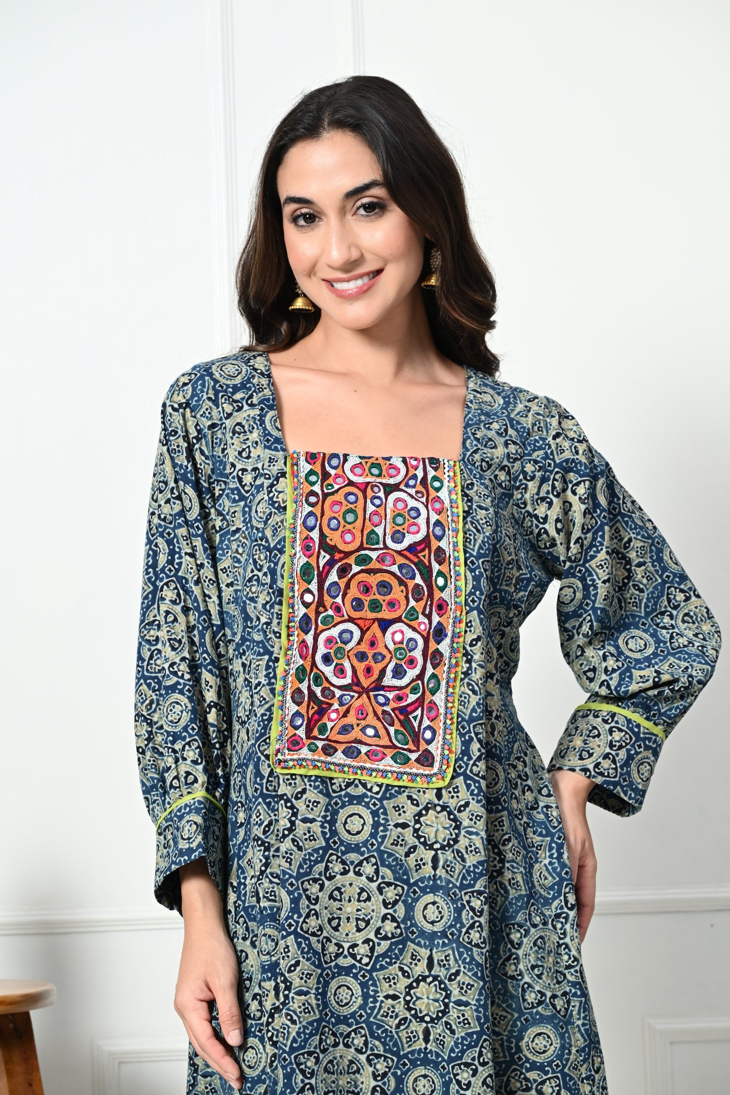 Blue Ajrakh Handblock Printed Long Cotton kurta