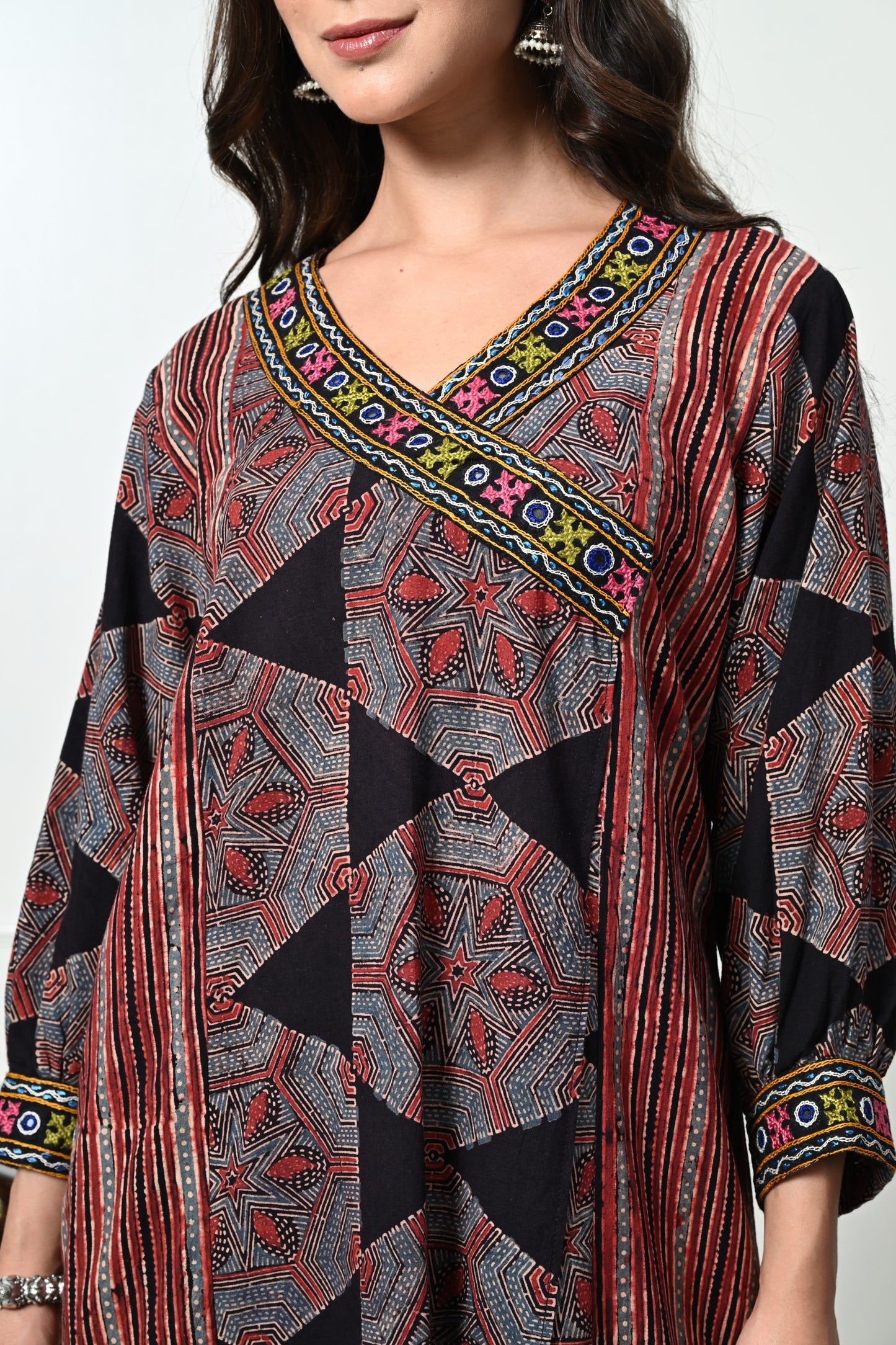 Black Ajrakh HandBlock Printed Long Cotton Kurta with Pocket