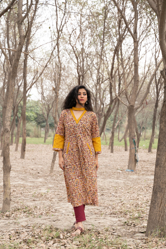 Red and Yellow Kalamkari Hand Block Printed Cotton Kurta