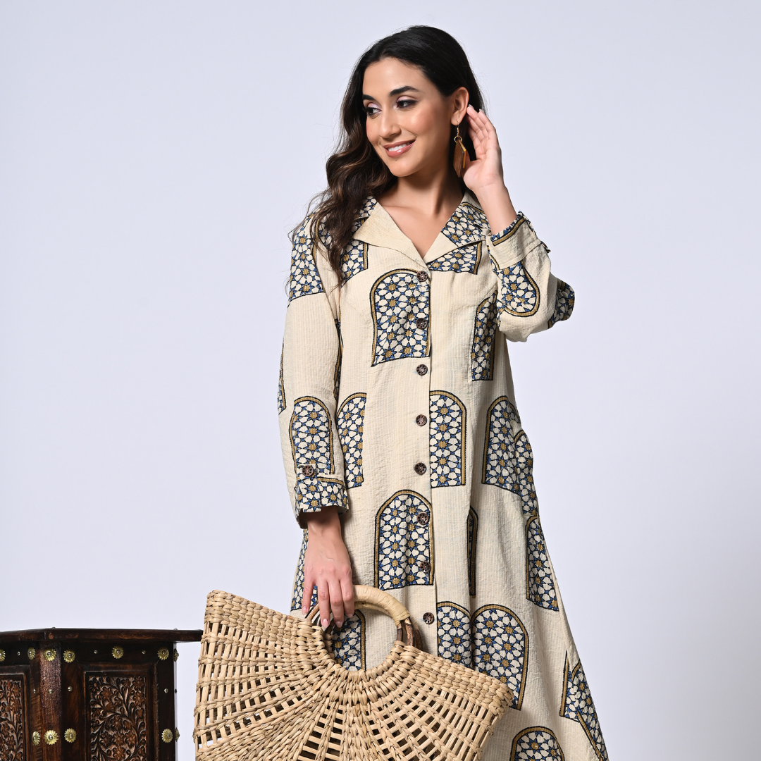 White Ajrakh Hand Block Printed Cotton kurta