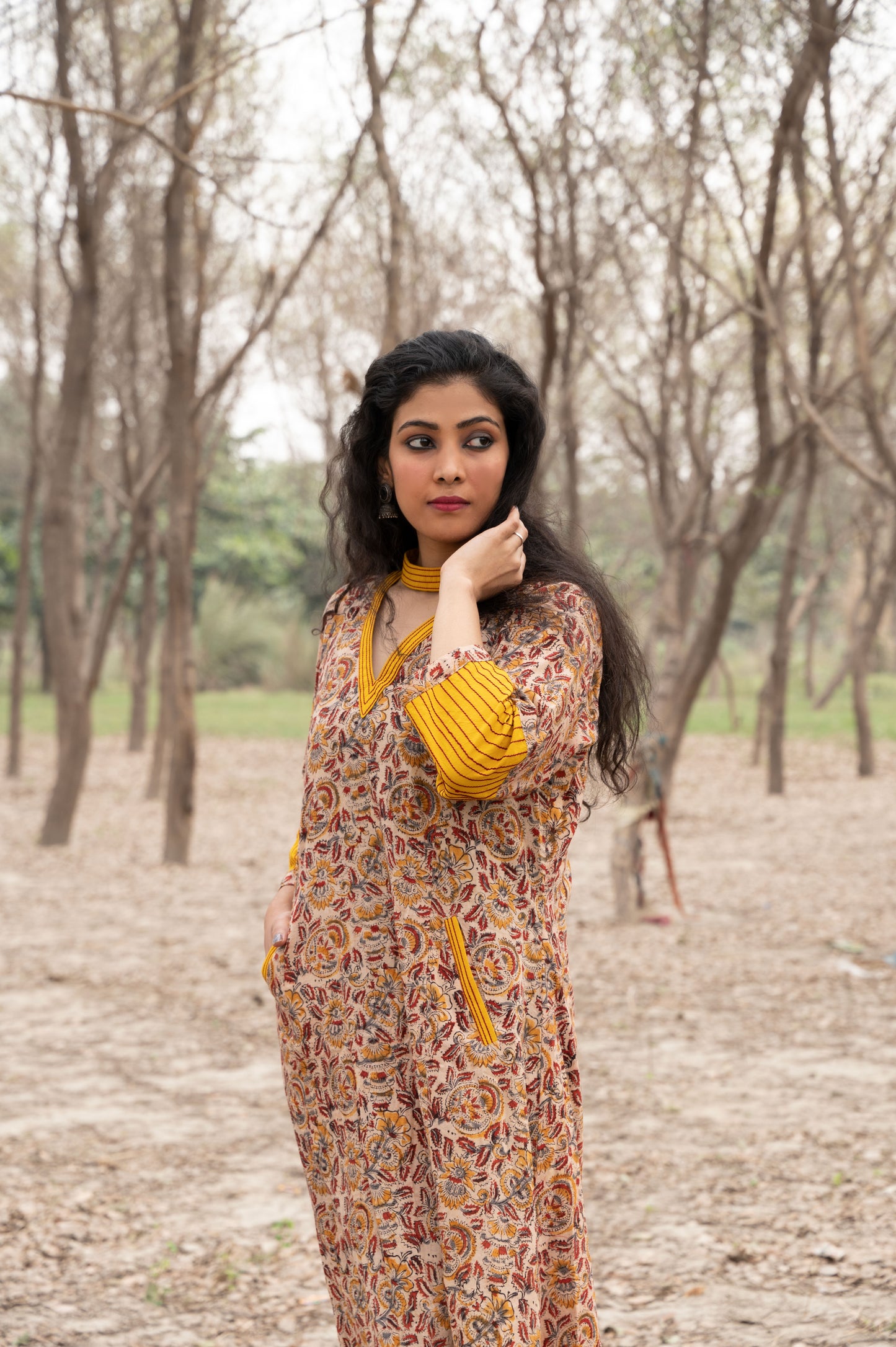 Red and Yellow Kalamkari Hand Block Printed Cotton Kurta