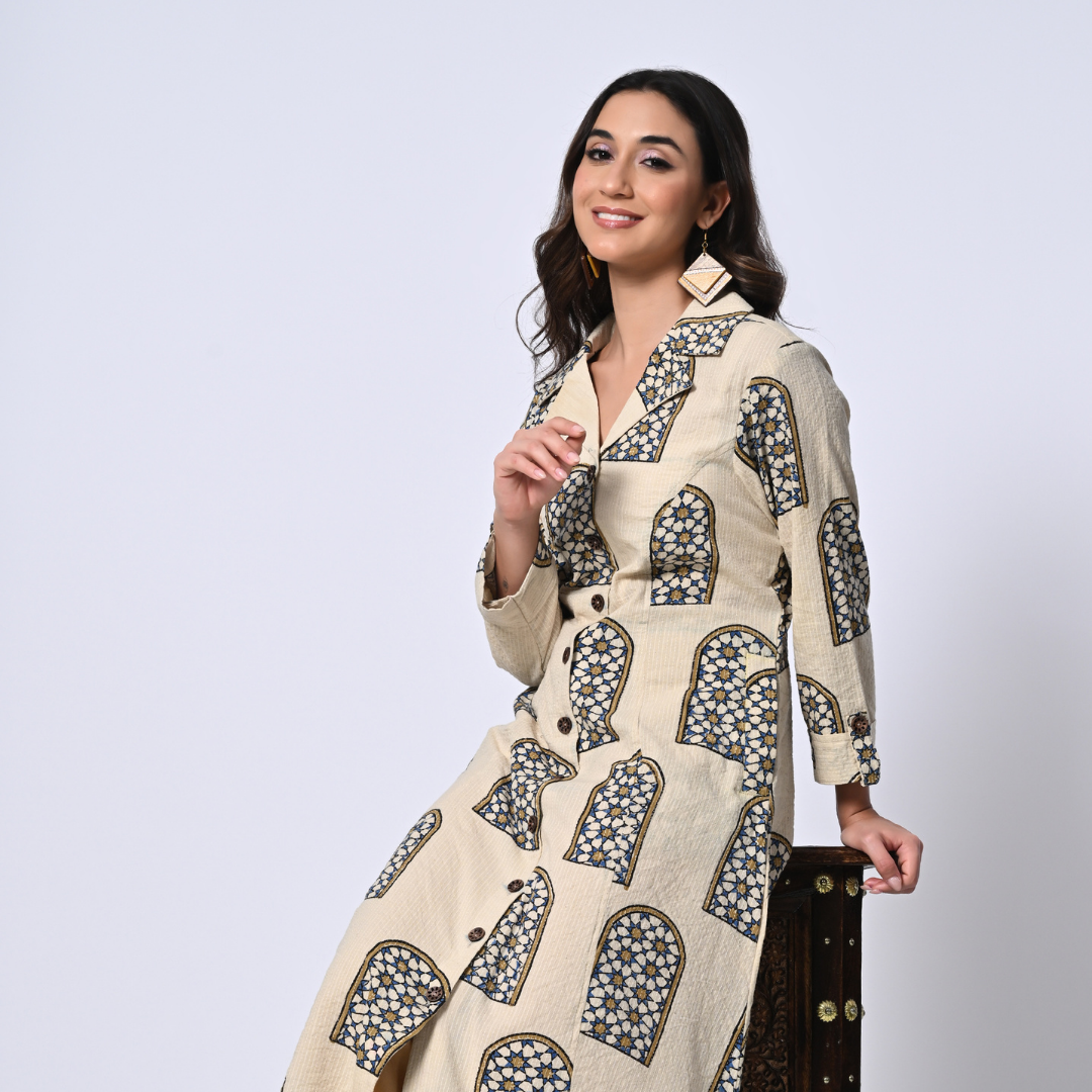 White Ajrakh Hand Block Printed Cotton kurta