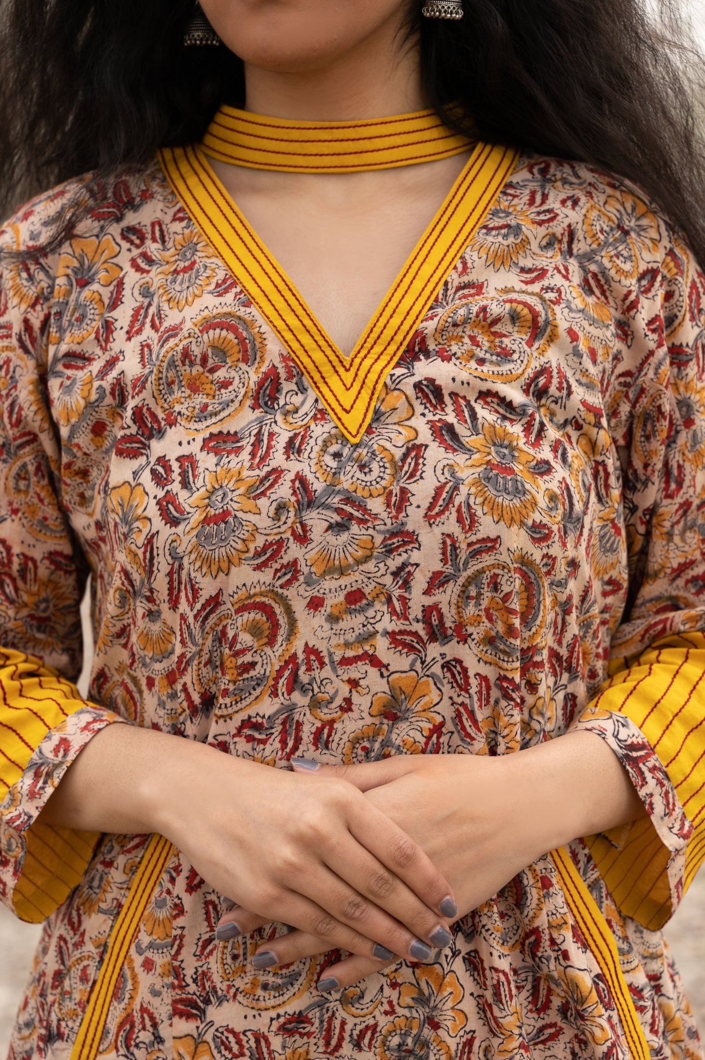 Red and Yellow Kalamkari Hand Block Printed Cotton Kurta