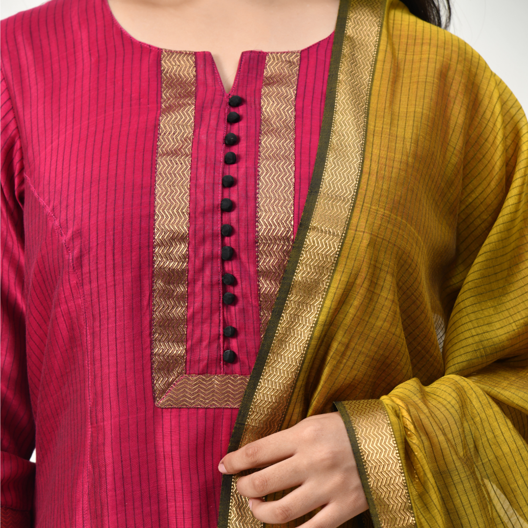 Maheshwari Handloom Wine Kurta with Dupatta