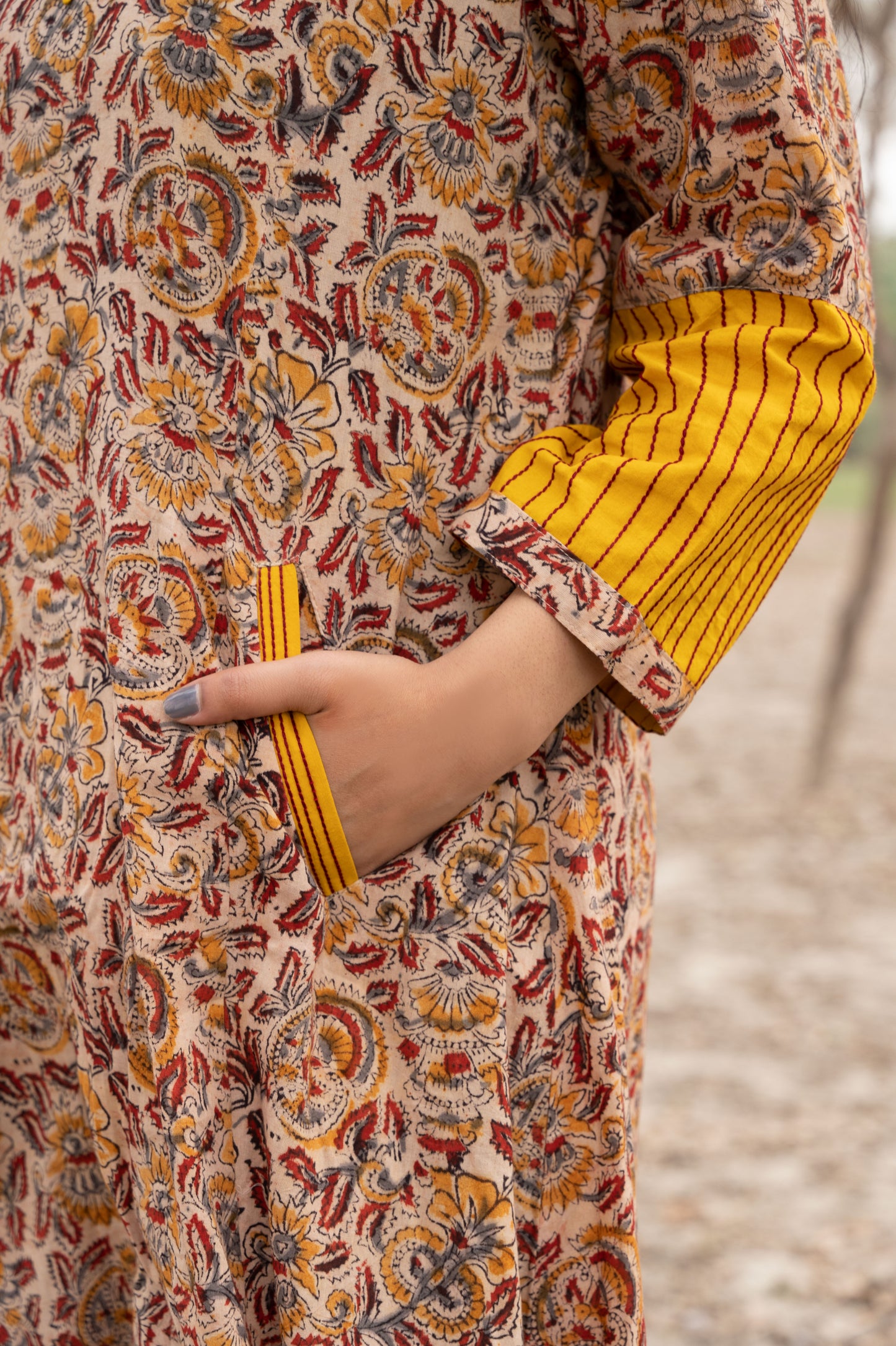 Red and Yellow Kalamkari Hand Block Printed Cotton Kurta