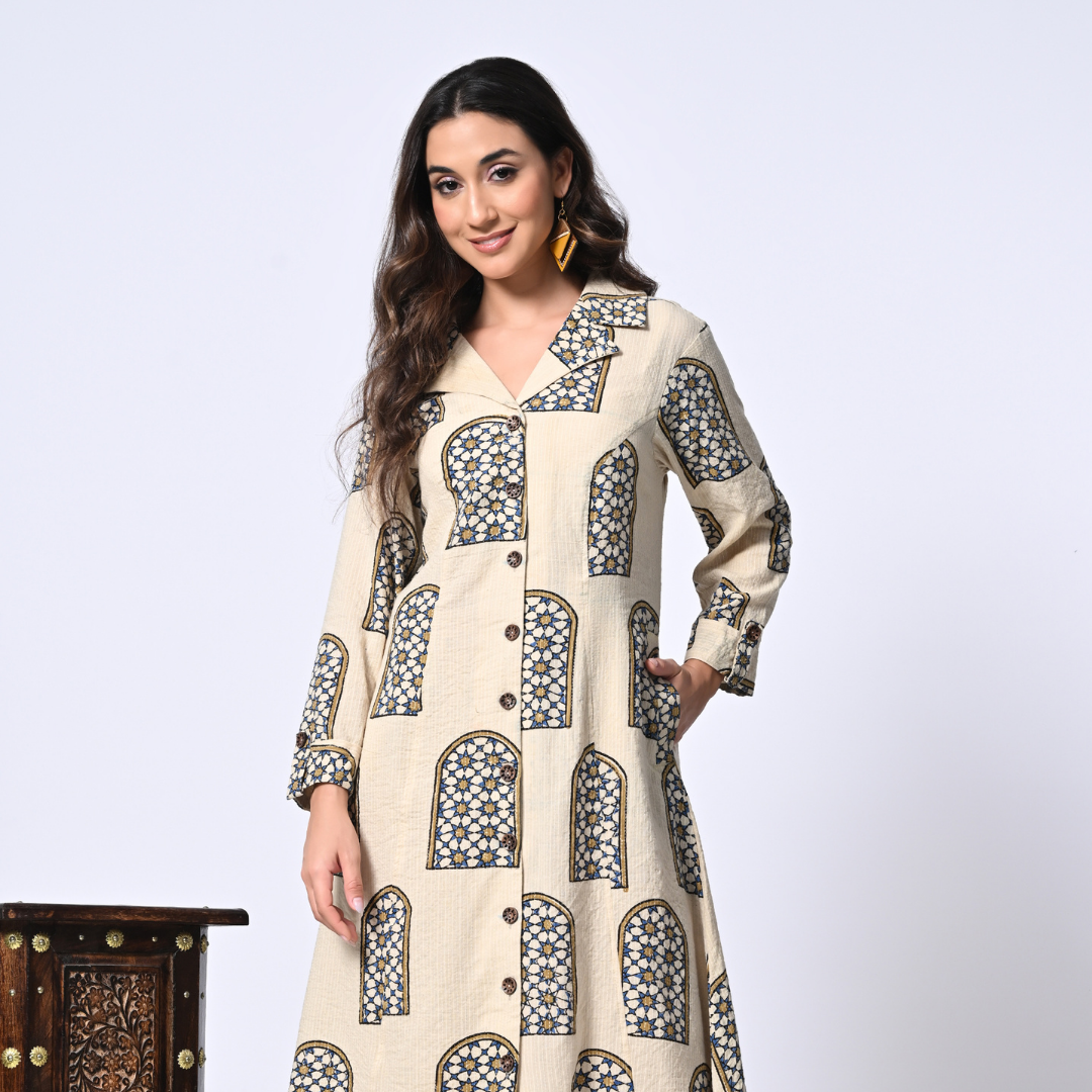 White Ajrakh Hand Block Printed Cotton kurta