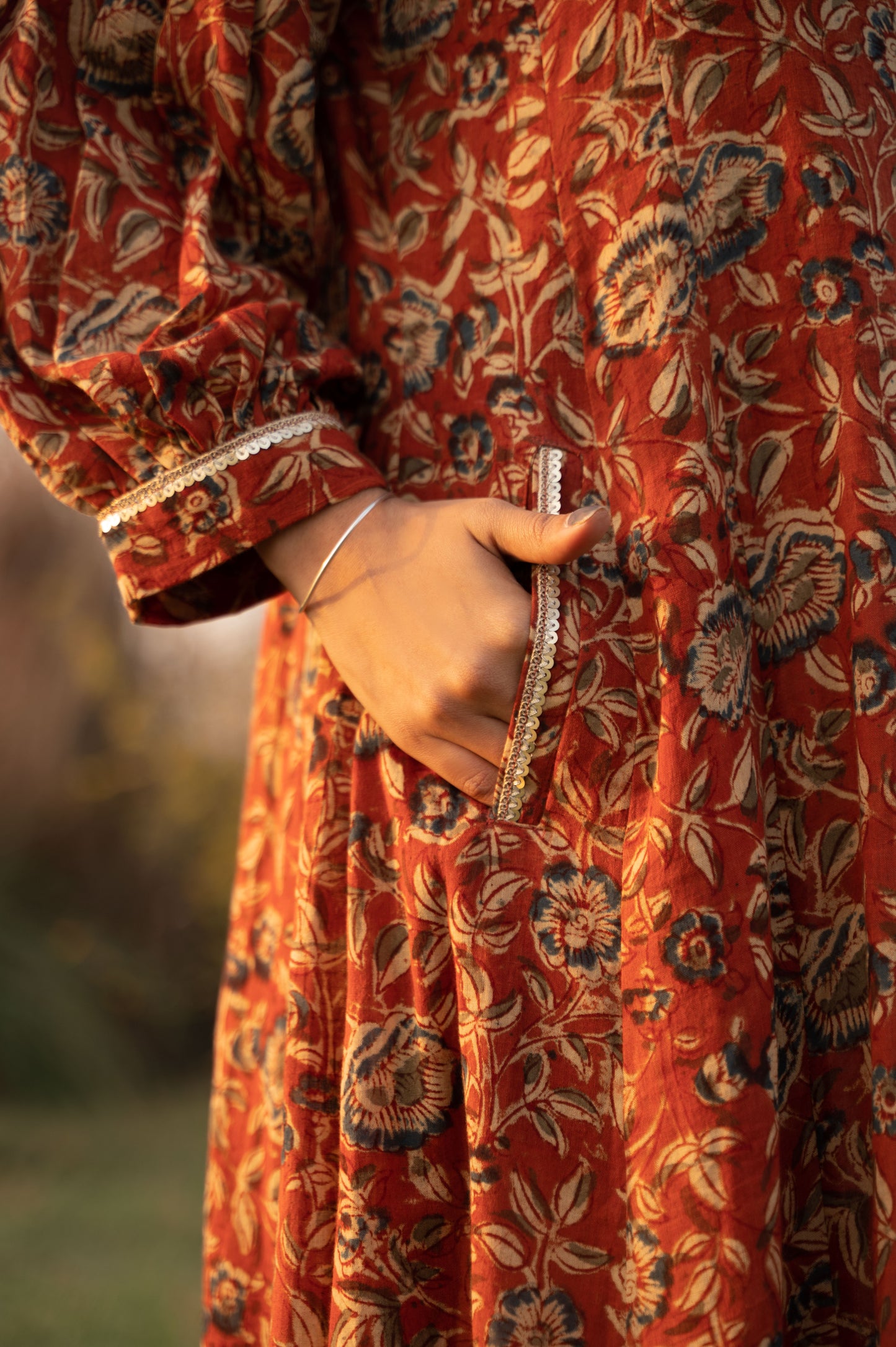 Rust and Blue Kalamkari Hand block Printed Cotton Kurta