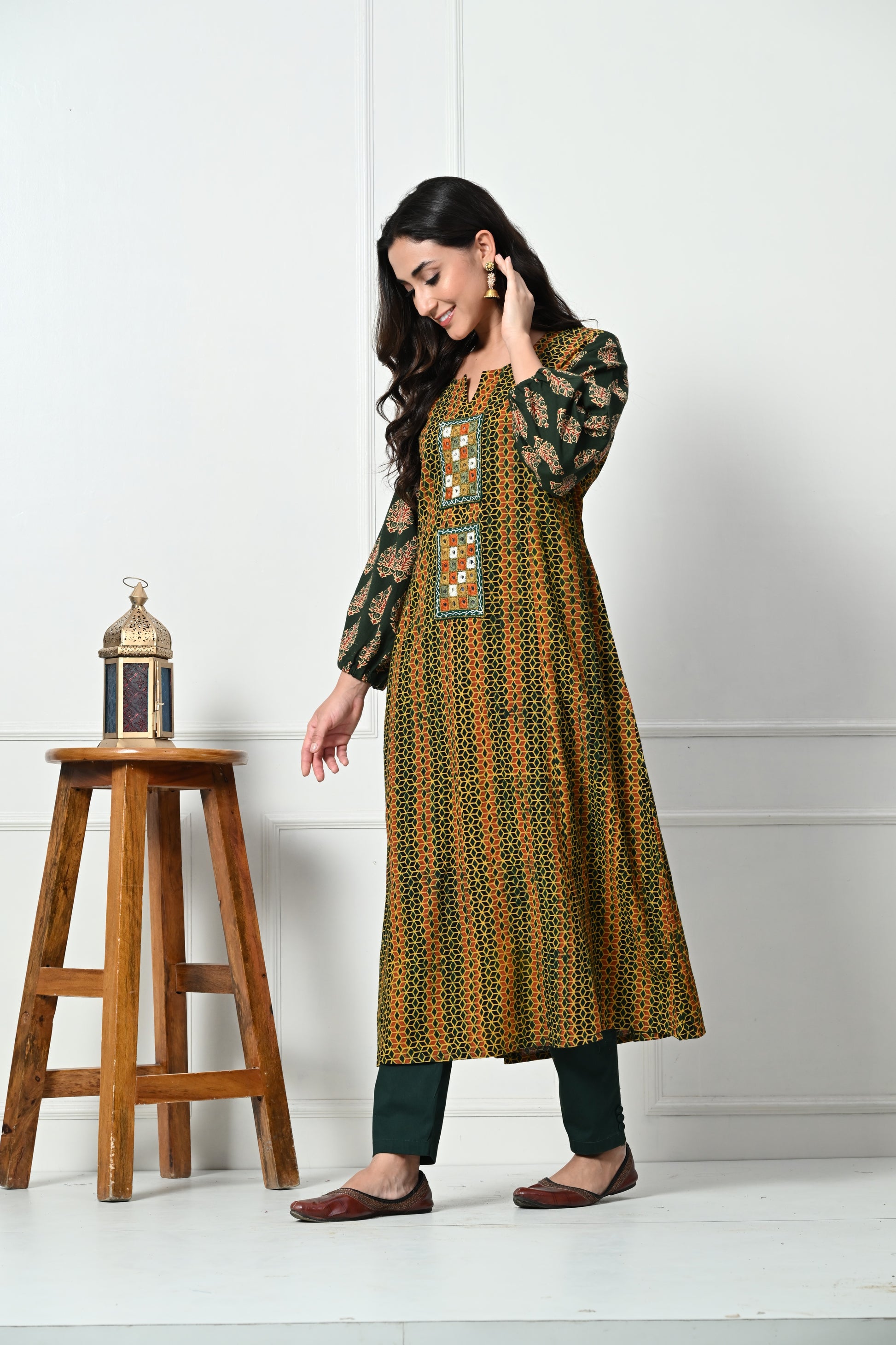 Mustard and Green Ajrakh Hand Block Printed Kurta with Kutch Hand Emroidery patch