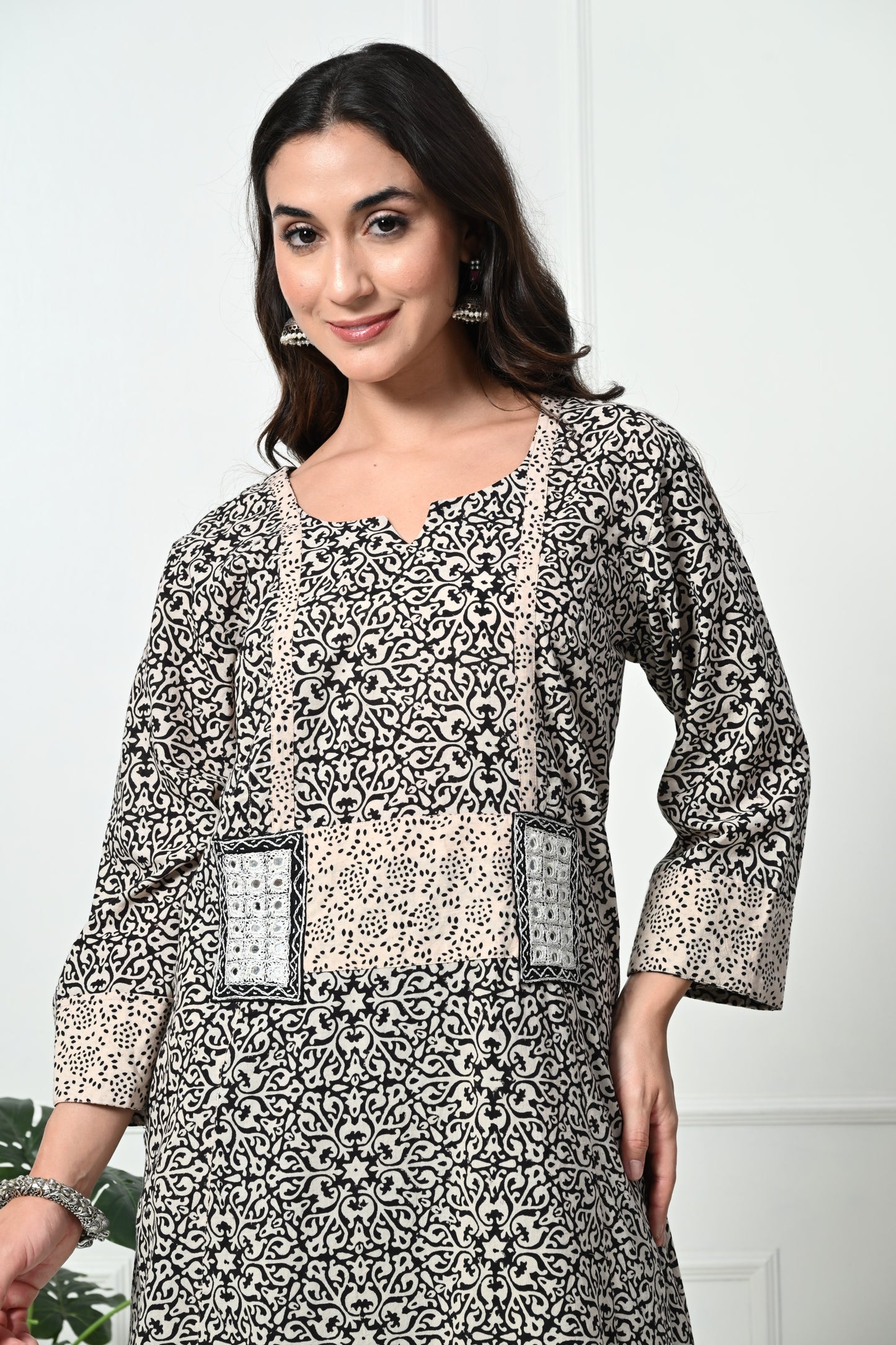 Black and White Ajrakh Hand Block Printed Long Kurta with Pocket