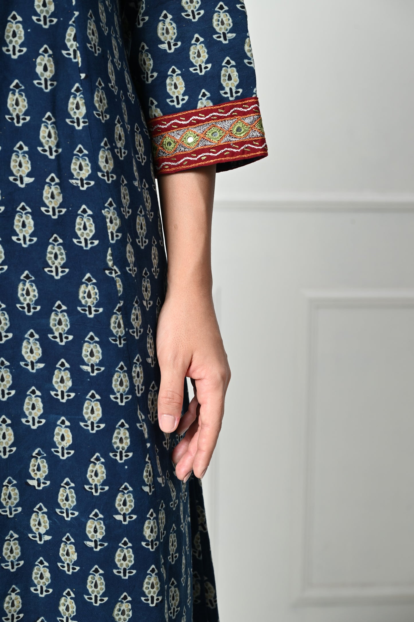 Blue Ajrakh Hand Block Printed Long Kurta with Pocket