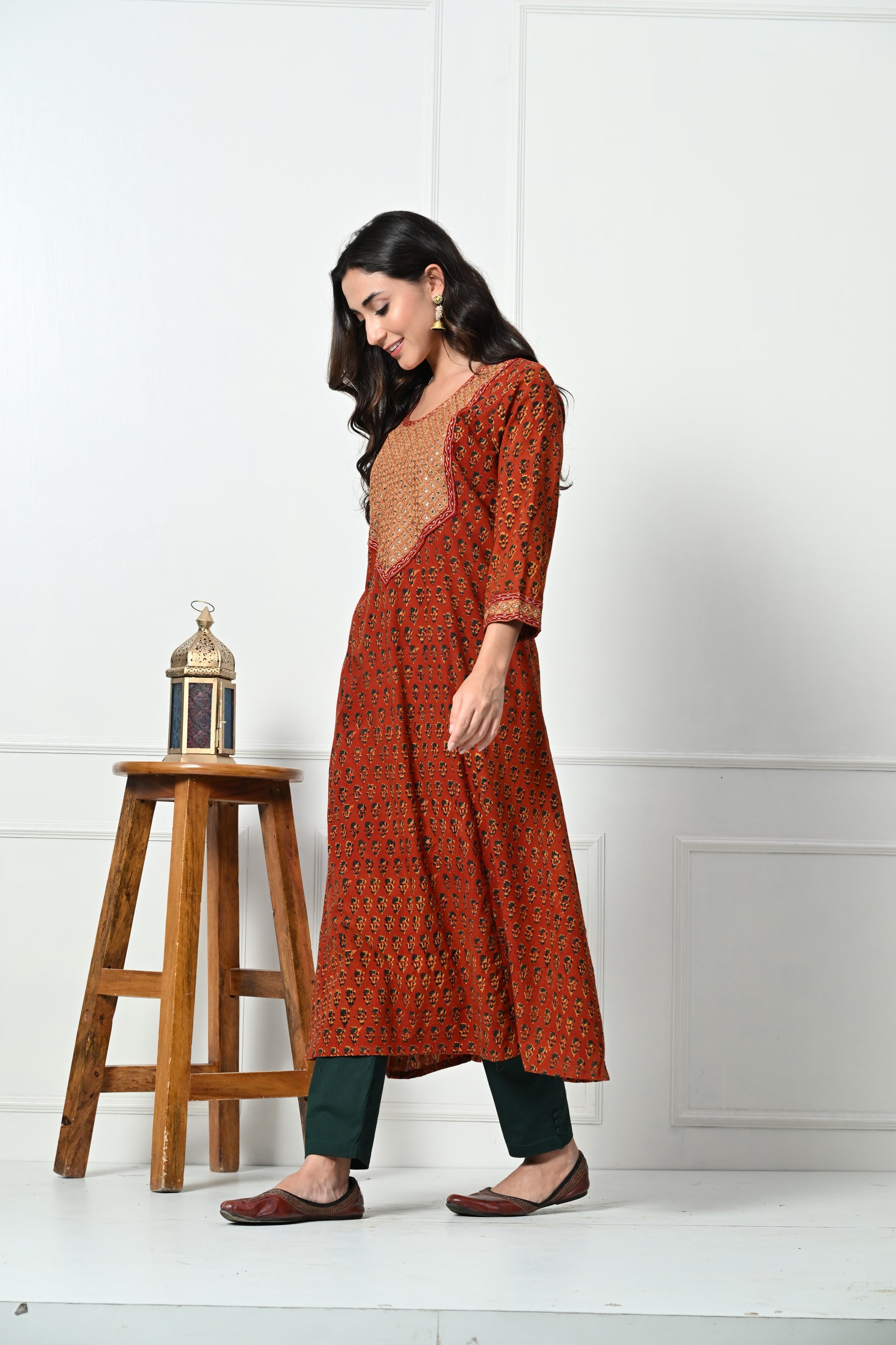 Maroon Ajrakh Hand Block Printed Long Kurta