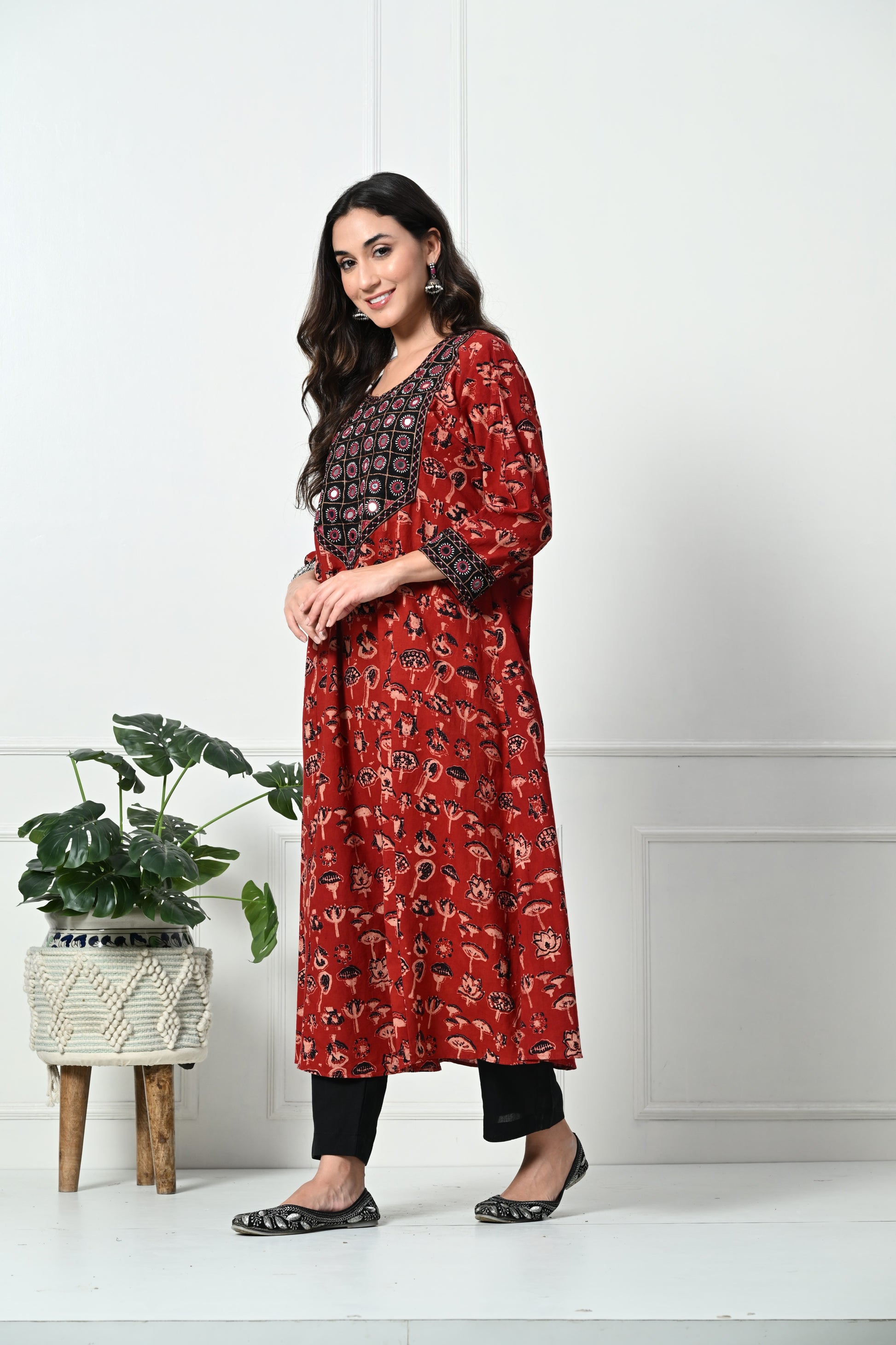 Maroon Ajrakh Handblock Printed Long Kurta with Kutch Hand embroidery work detail