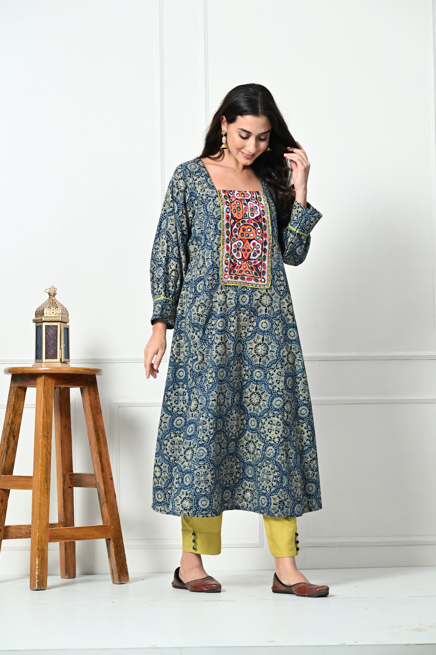 Blue Ajrakh Handblock Printed Long Cotton kurta