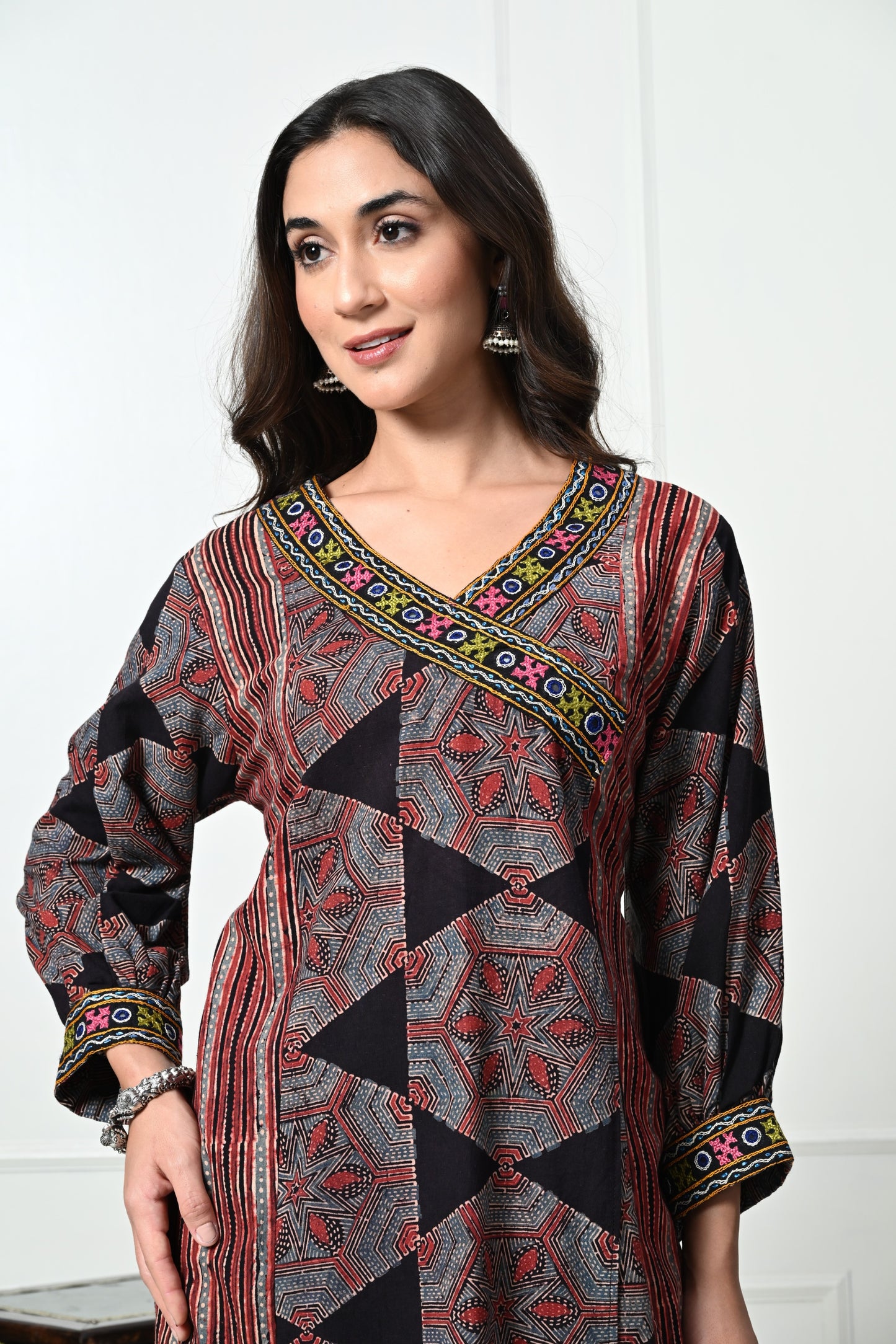 Black Ajrakh HandBlock Printed Long Cotton Kurta with Pocket