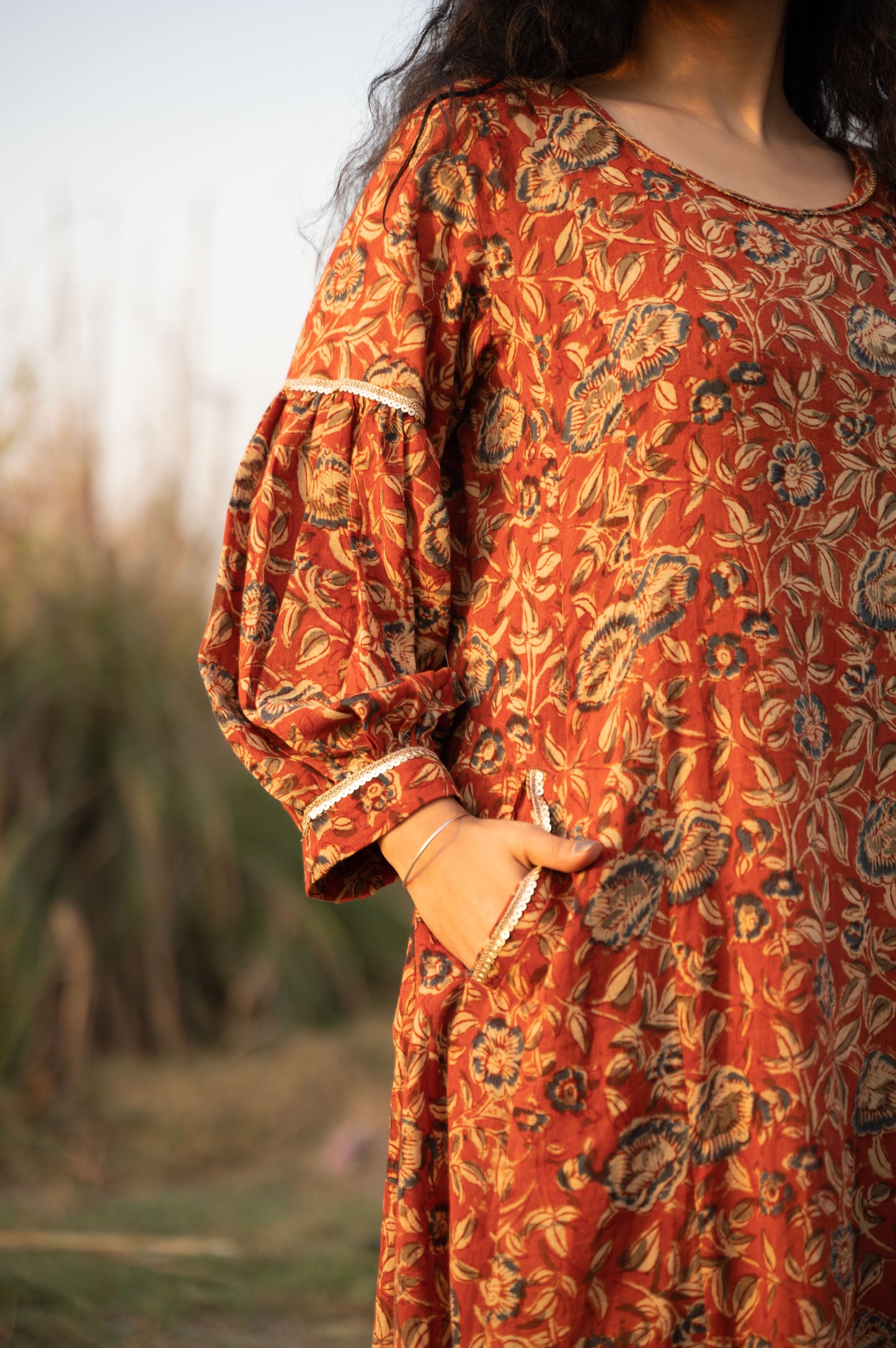 Rust and Blue Kalamkari Hand block Printed Cotton Kurta