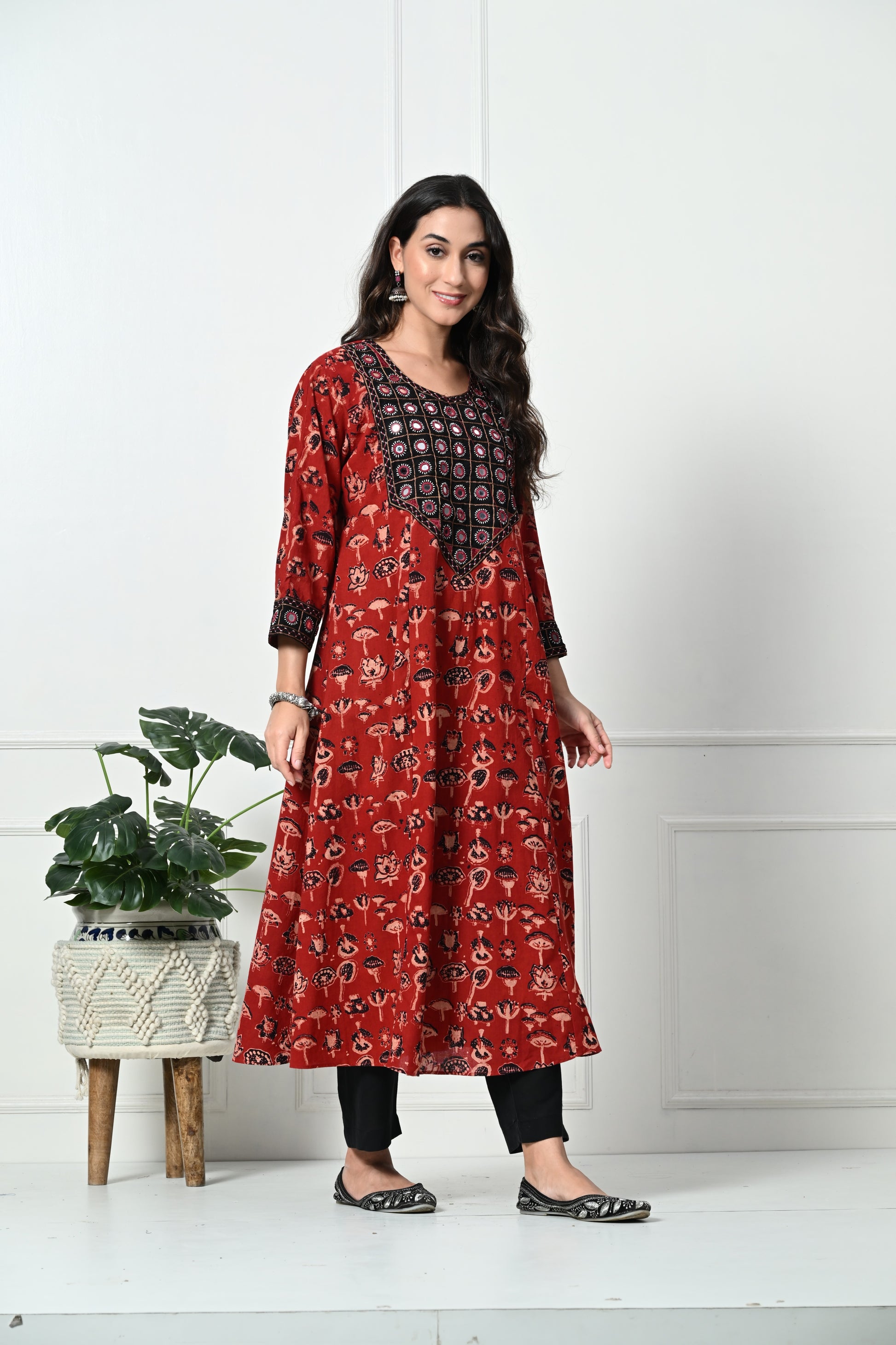 Maroon Ajrakh Handblock Printed Long Kurta with Kutch Hand embroidery work detail