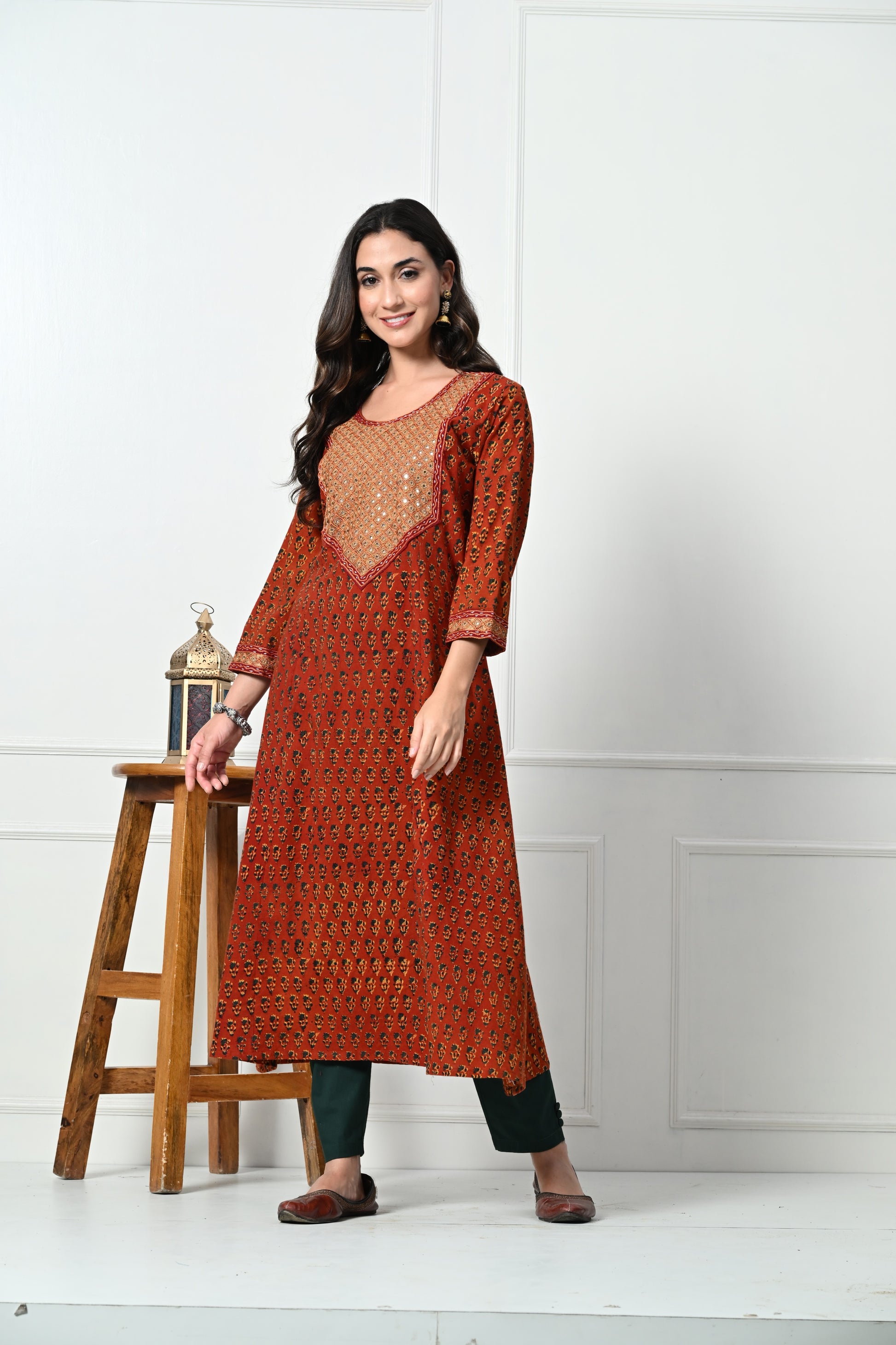 Maroon Ajrakh Hand Block Printed Long Kurta