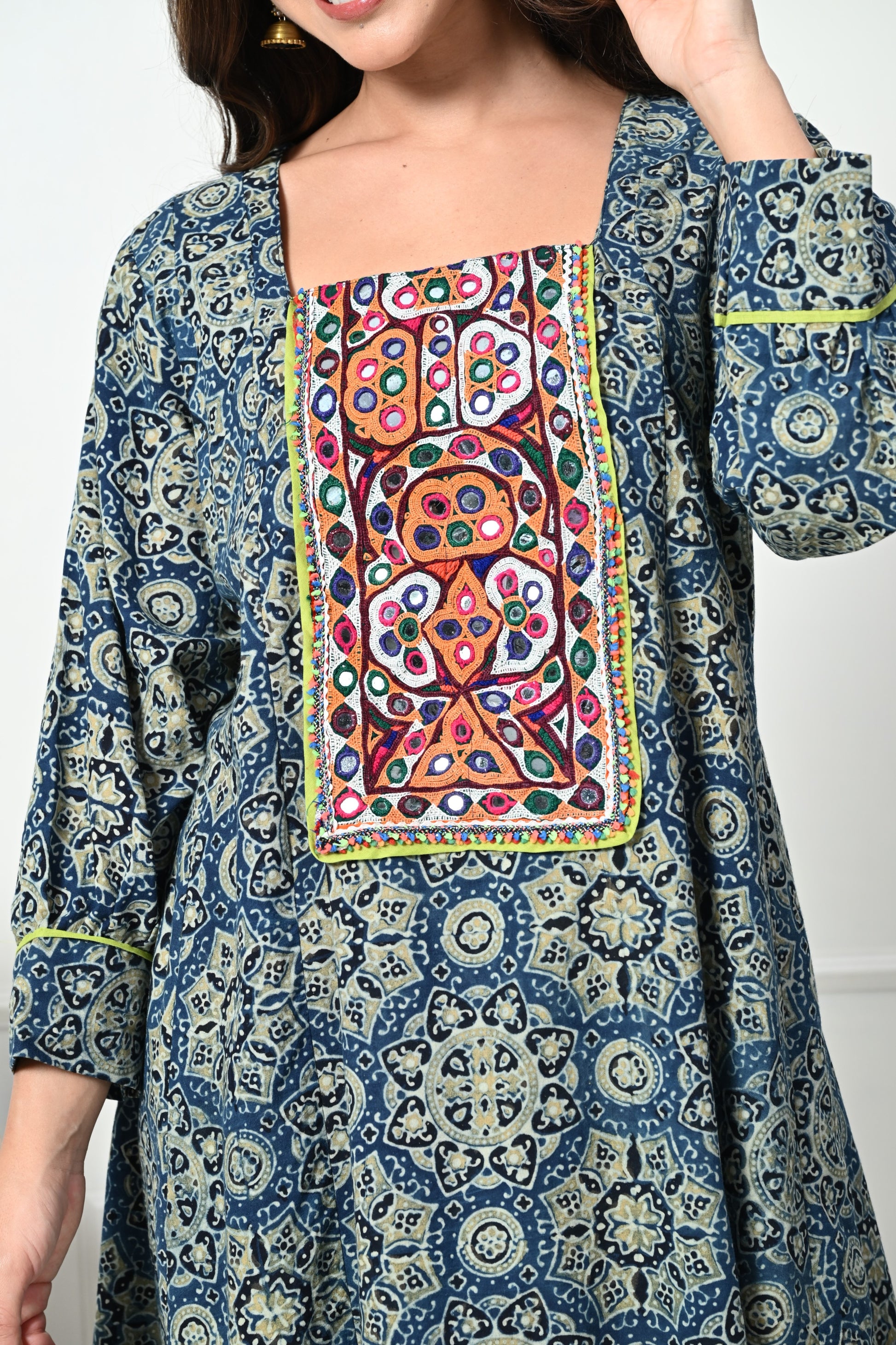 Blue Ajrakh Handblock Printed Long Cotton kurta