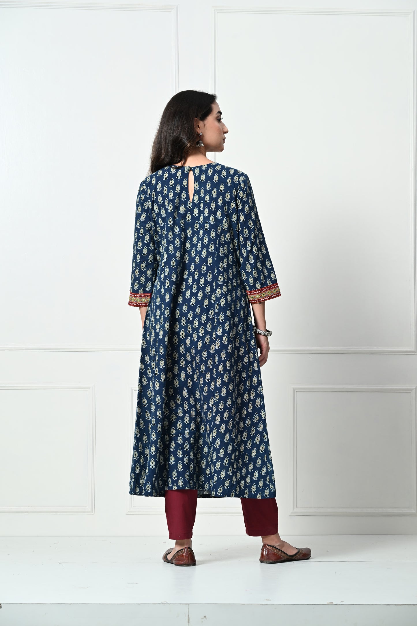 Blue Ajrakh Hand Block Printed Long Kurta with Pocket