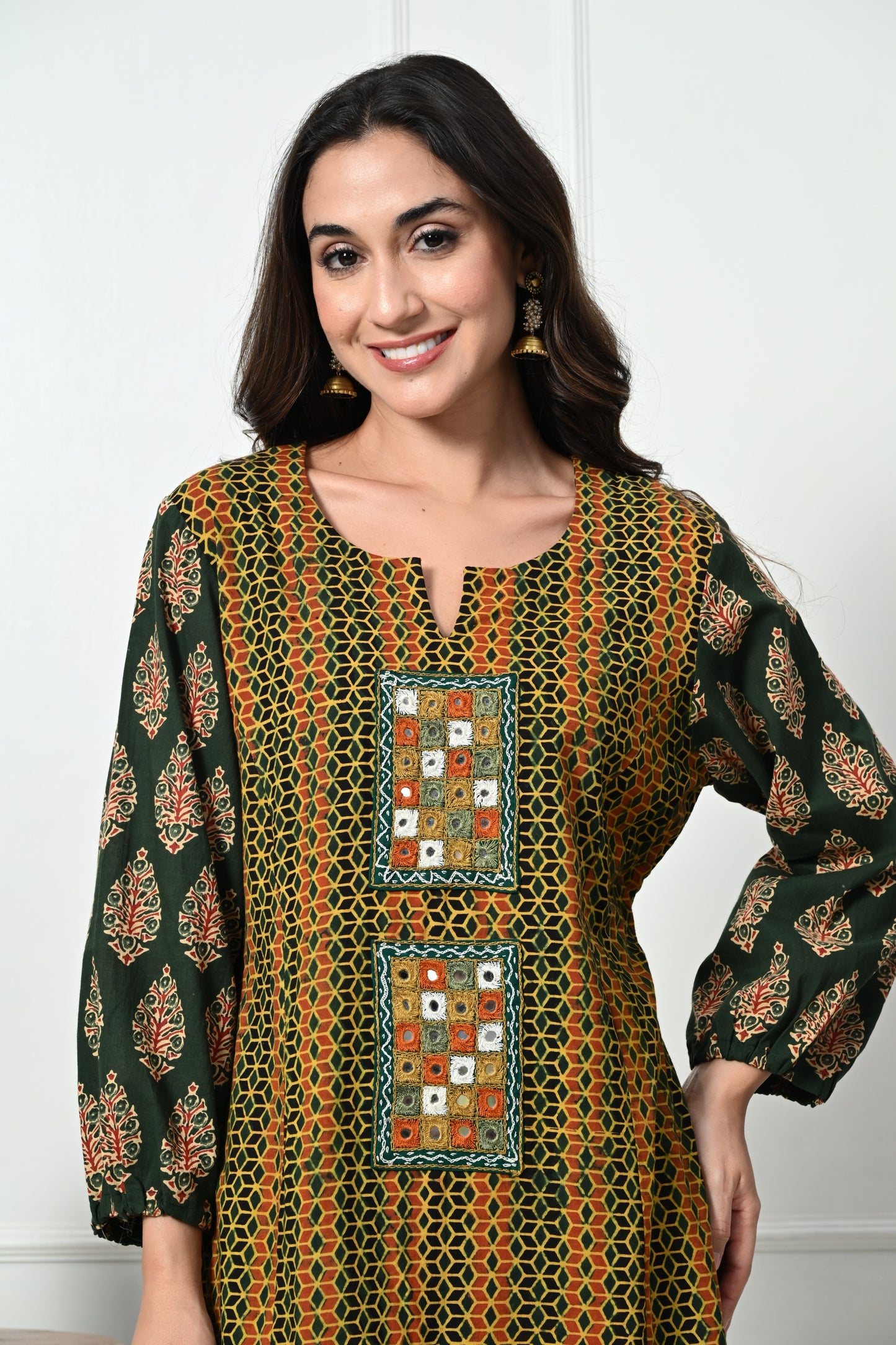 Mustard and Green Ajrakh Hand Block Printed Kurta with Kutch Hand Emroidery patch