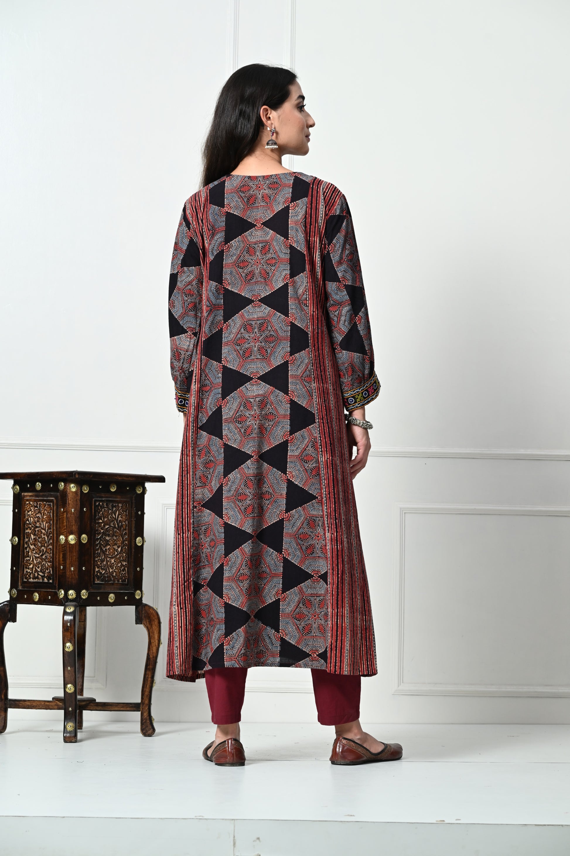 Black Ajrakh HandBlock Printed Long Cotton Kurta with Pocket