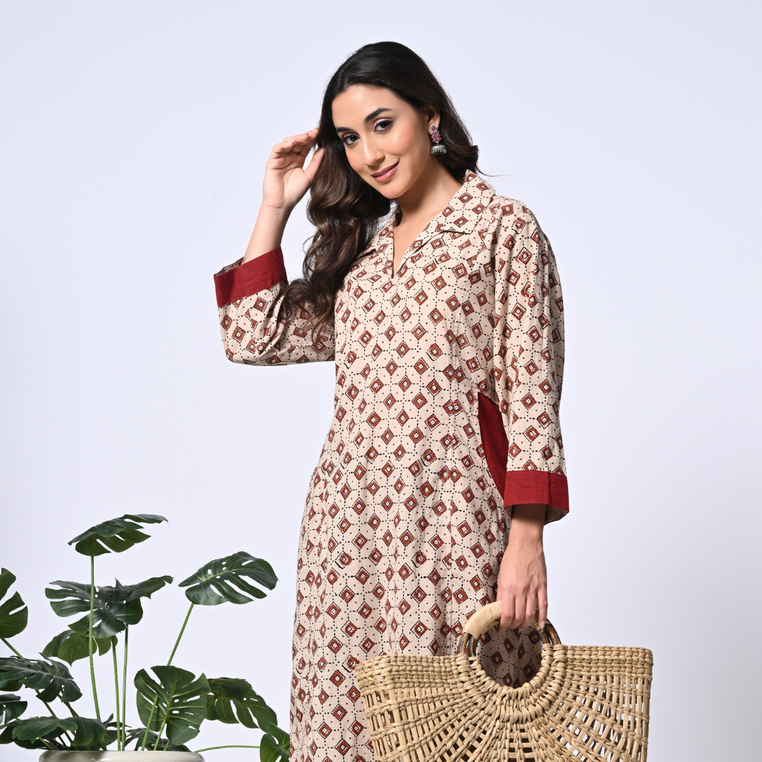 Beige Ajrakh Handblock Printed Cotton Kura