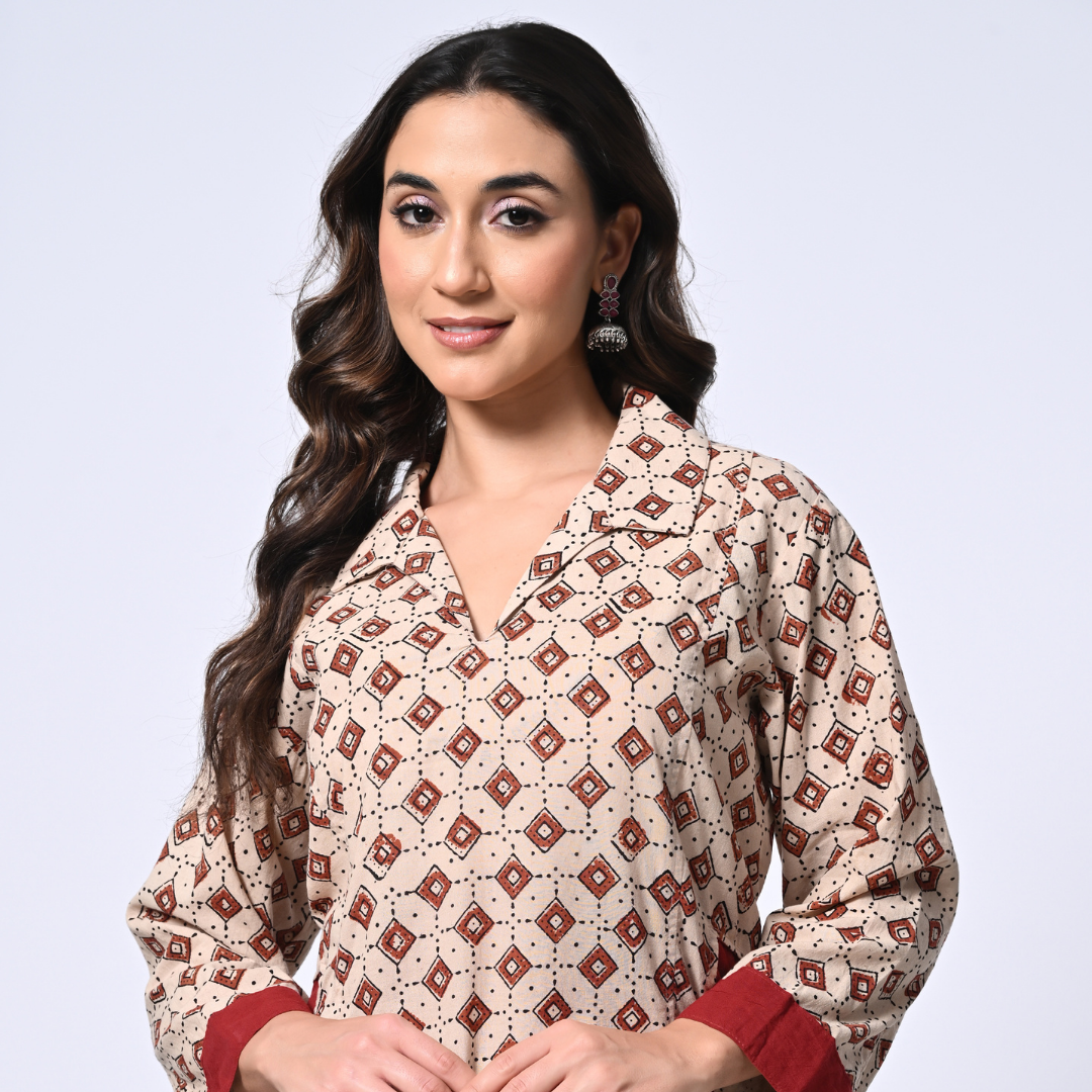 Beige Ajrakh Handblock Printed Cotton Kurta