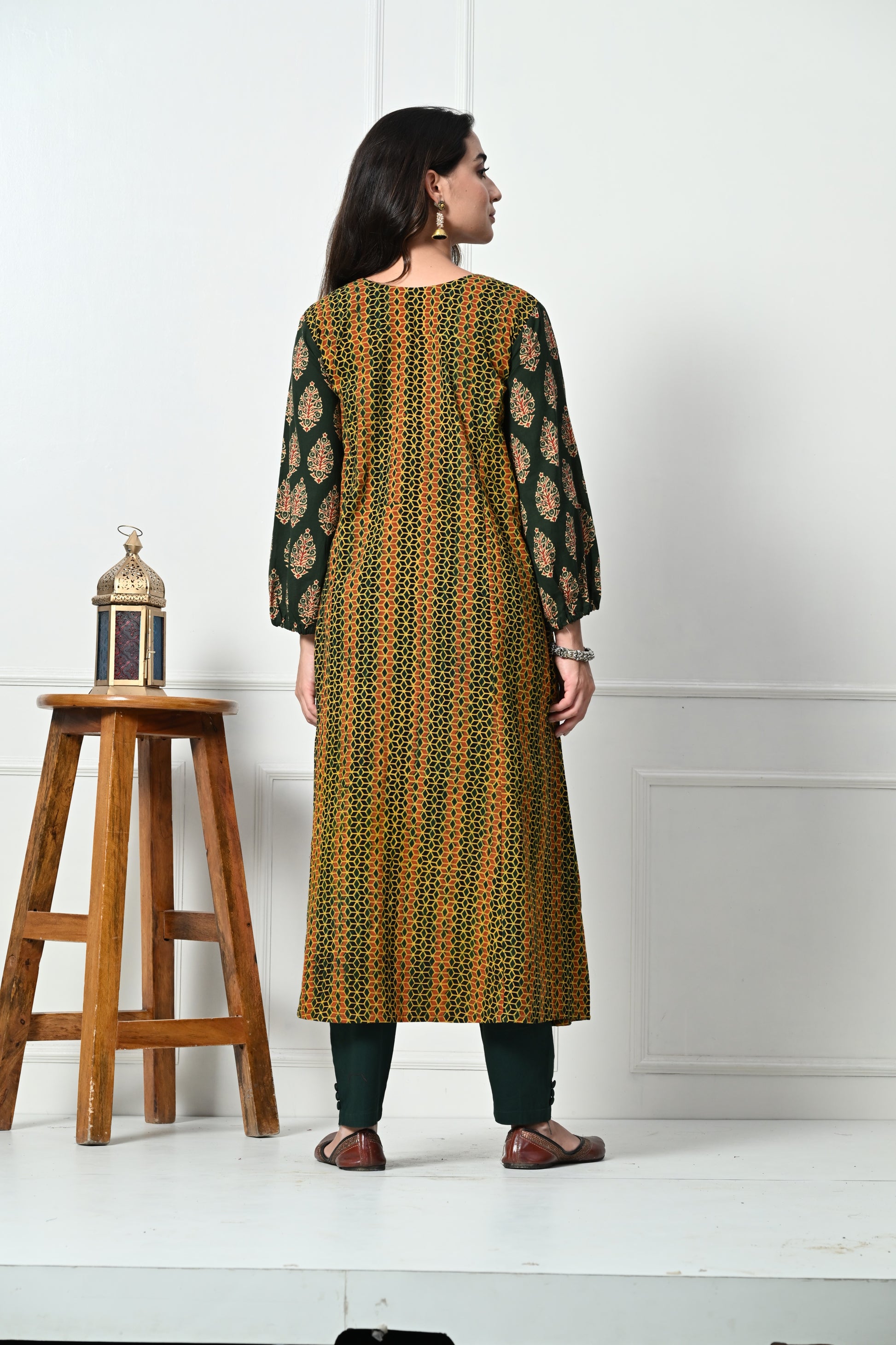 Mustard and Green Ajrakh Hand Block Printed Kurta with Kutch Hand Emroidery patch