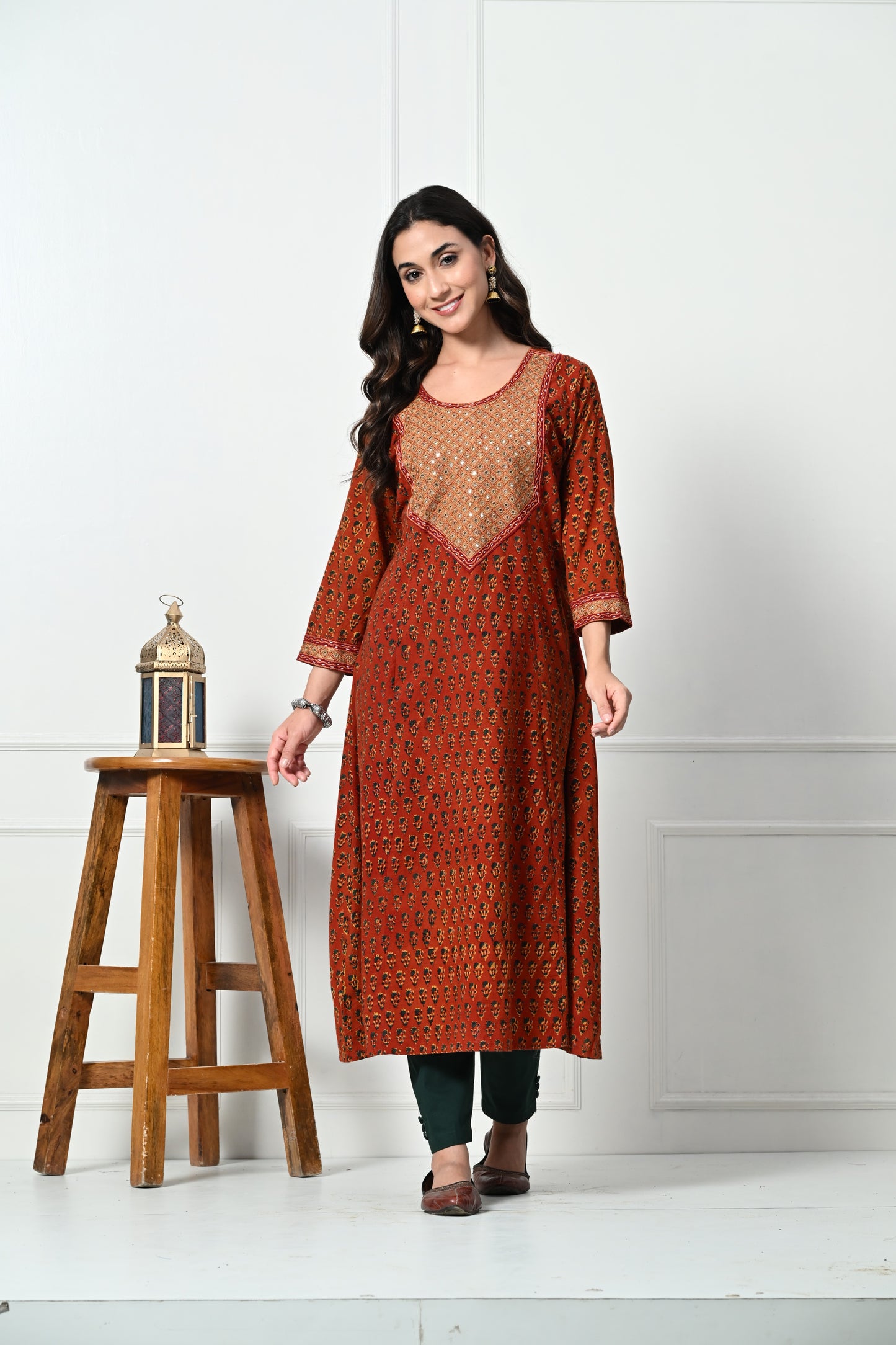 Maroon Ajrakh Hand Block Printed Long Kurta