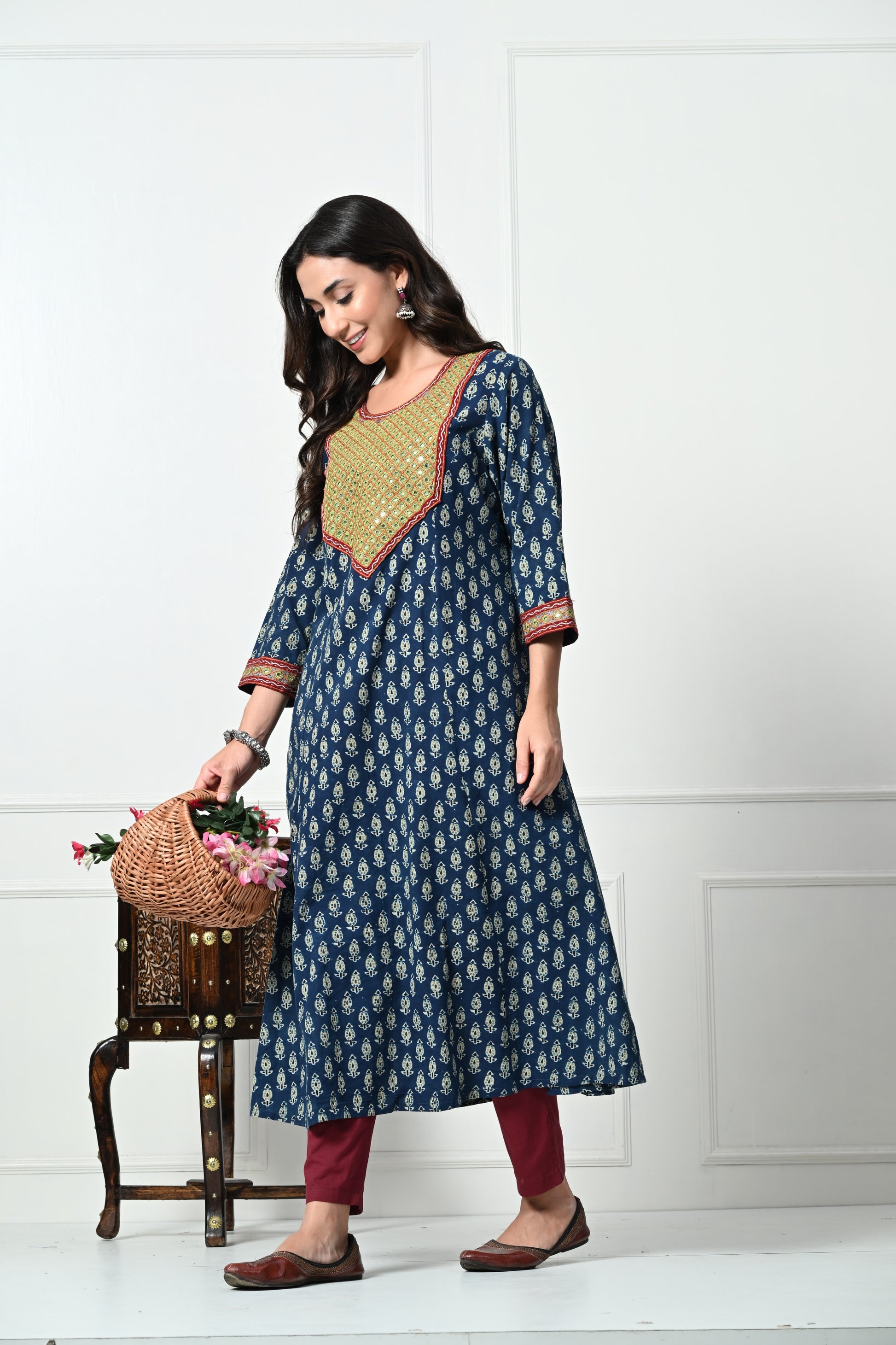 Blue Ajrakh Hand Block Printed Long Kurta with Pocket