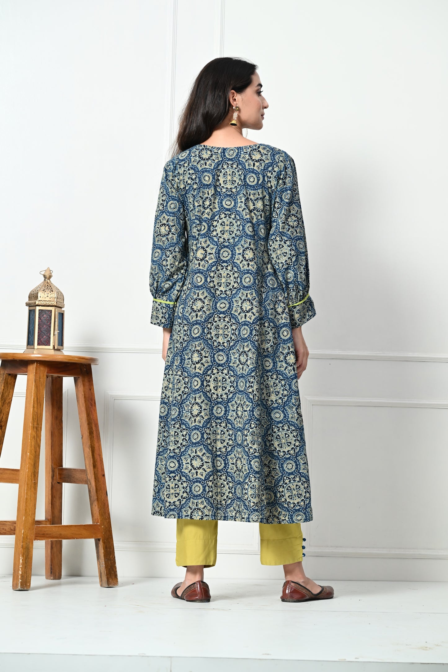 Blue Ajrakh Handblock Printed Long Cotton kurta