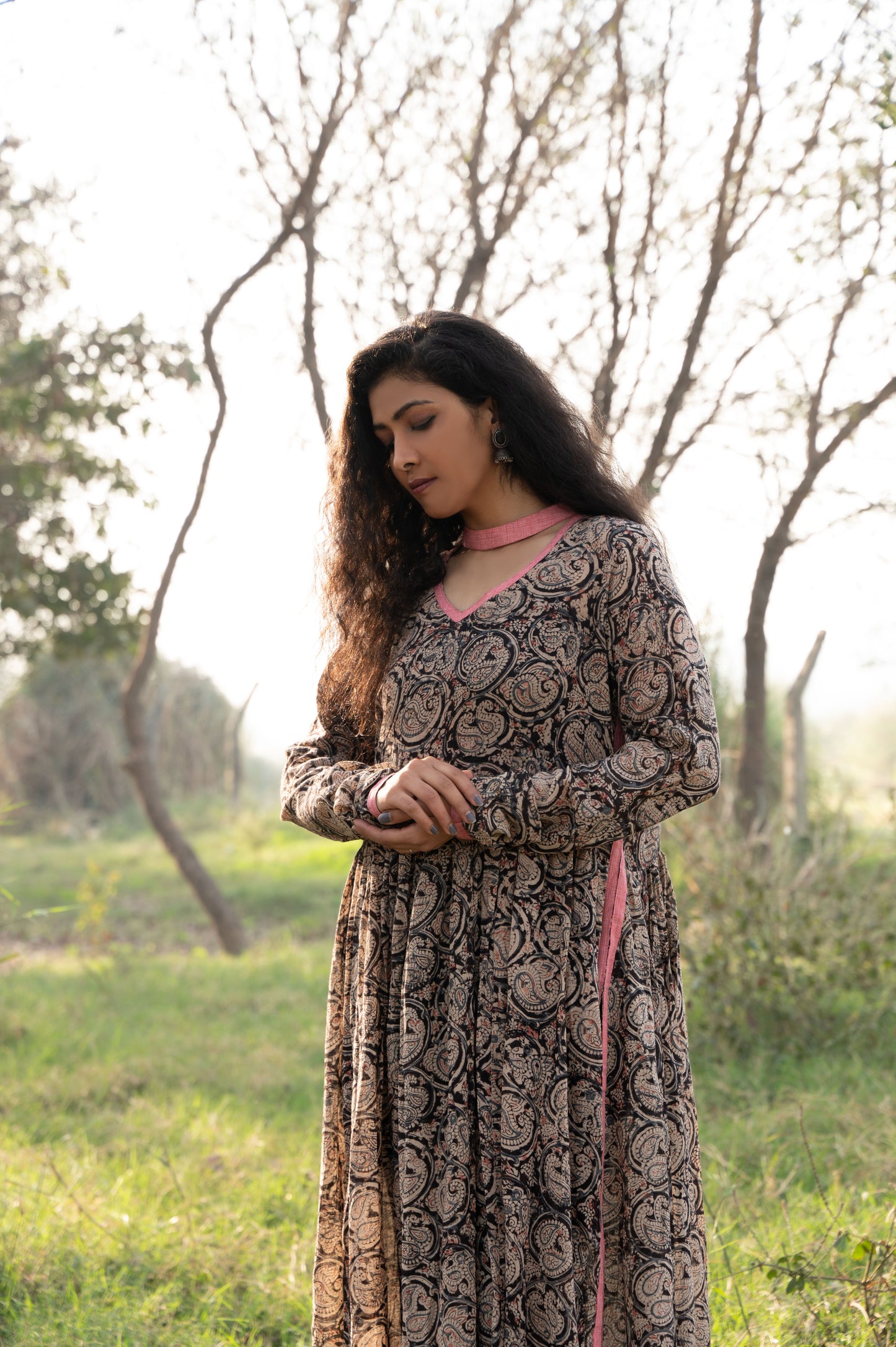 Black and Pink Kalamkari Hand Block Printed Cotton Kurta