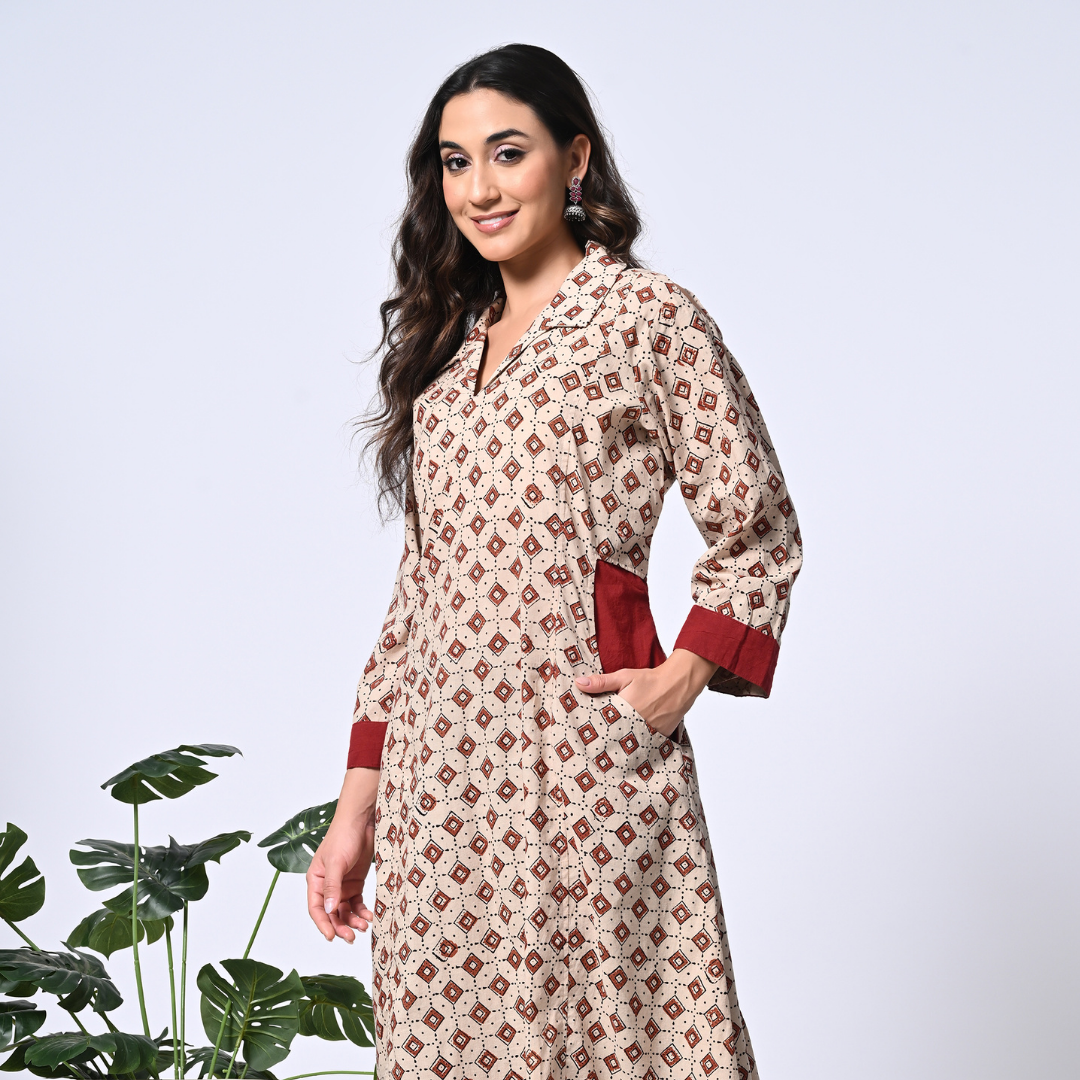 Beige Ajrakh Handblock Printed Cotton Kurta