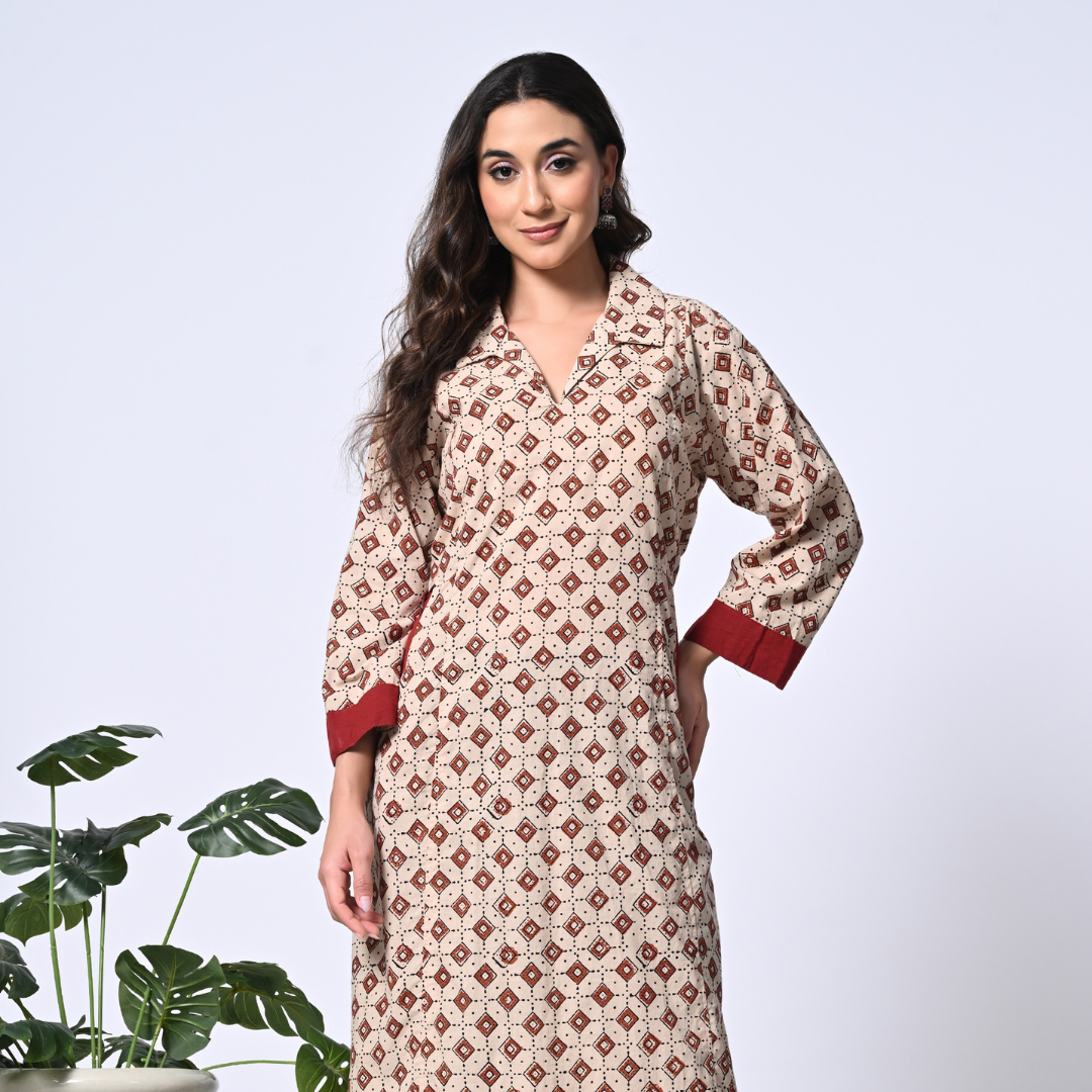 Beige Ajrakh Handblock Printed Cotton Kurta