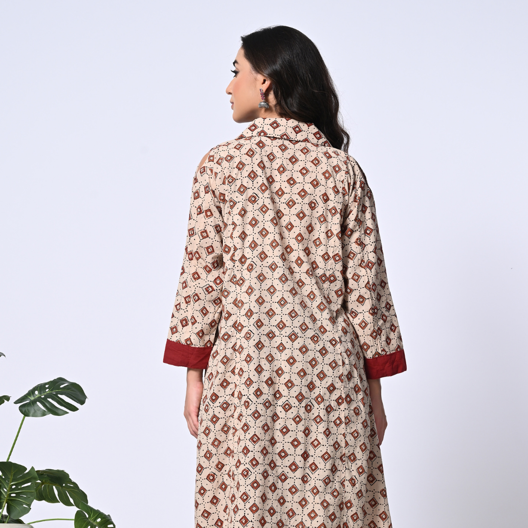 Beige Ajrakh Handblock Printed Cotton Kurta