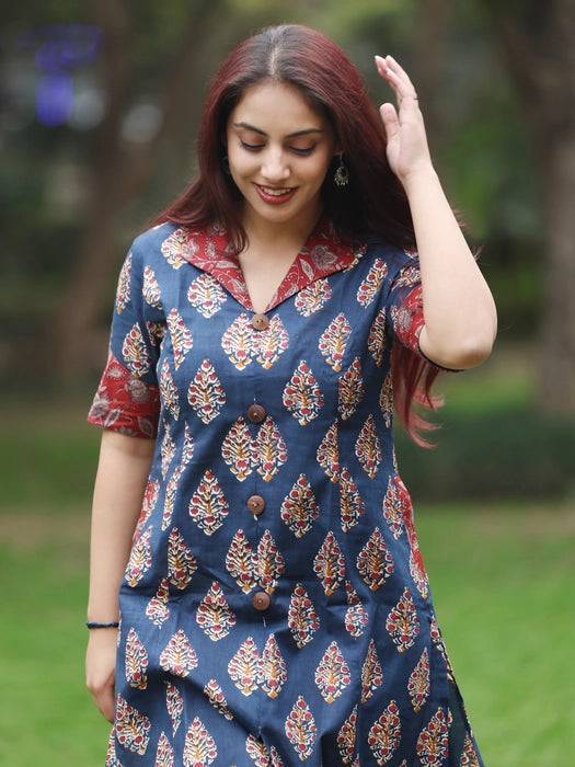 Blue and Red Long Printed Cotton kurta