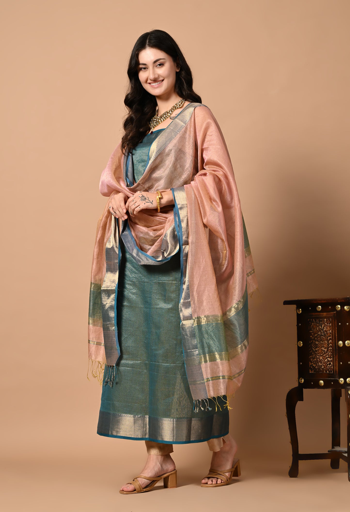 Blue Maheshwari Silk Handloom Kurta Material with Dupatta