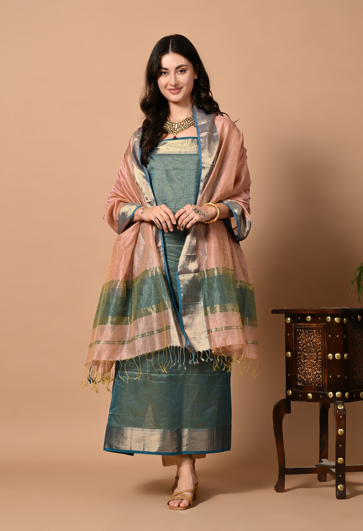 Blue Maheshwari Silk Handloom Kurta Material with Dupatta