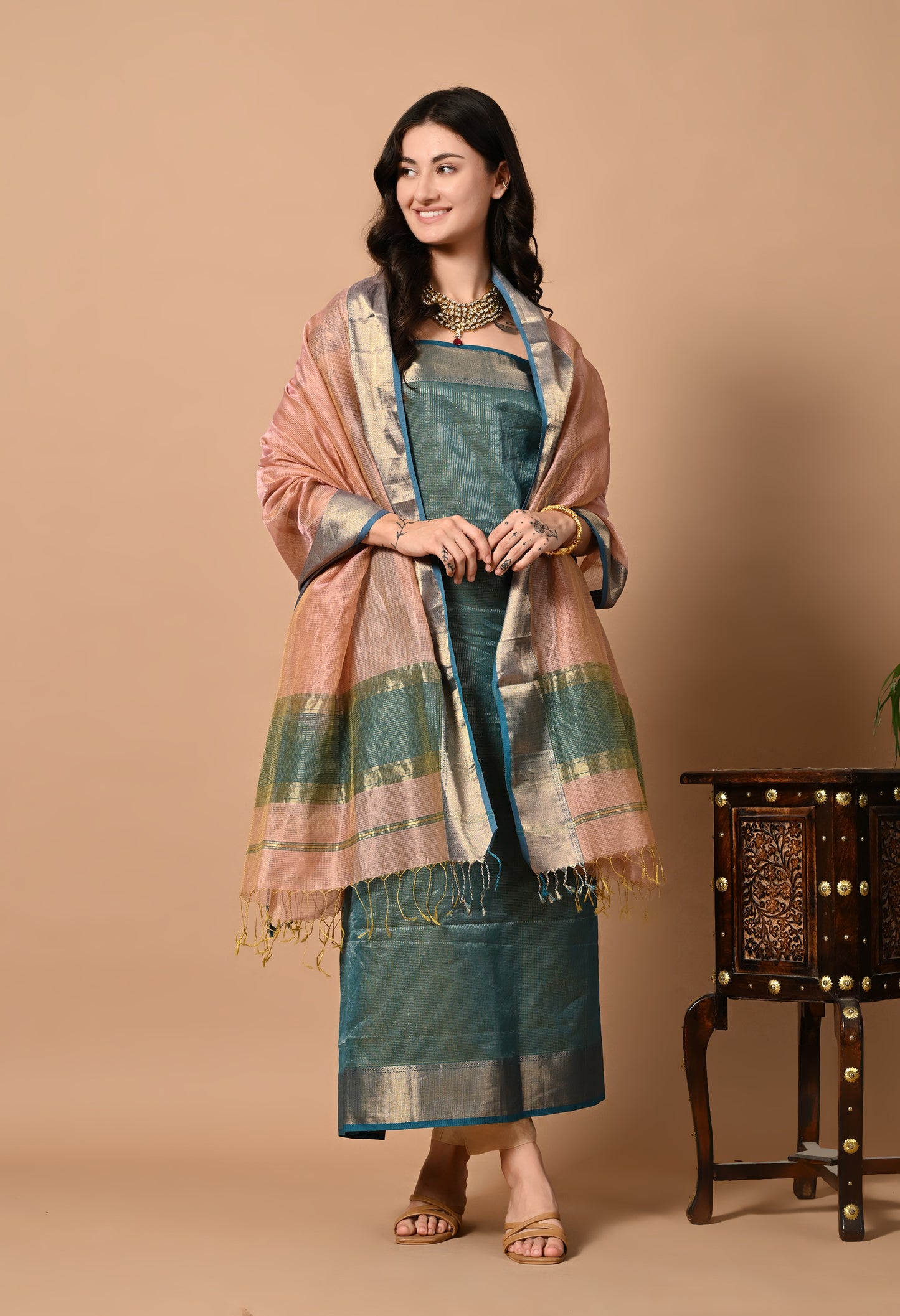 Blue Maheshwari Silk Handloom Kurta Material with Dupatta